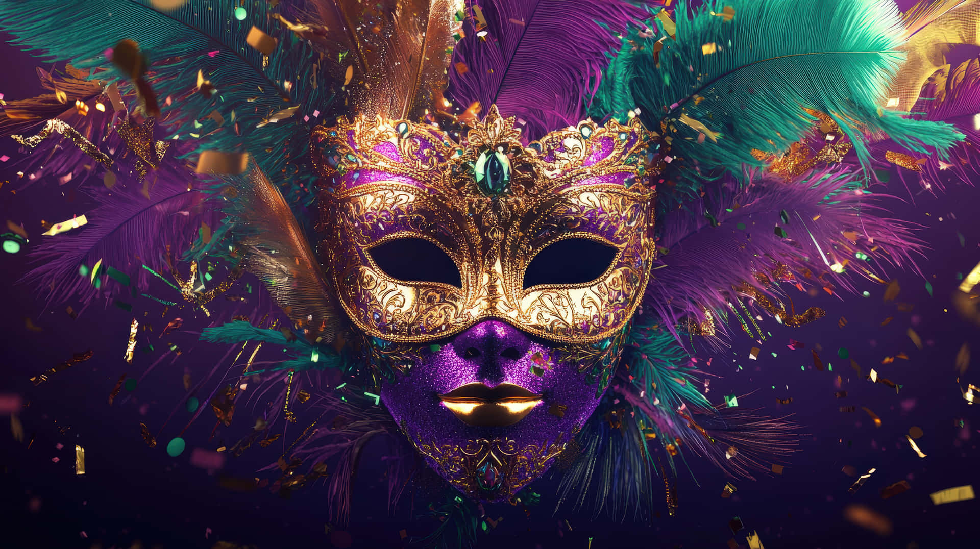Luxurious Mardi Gras Venetian Mask with Gold, Feathers, and Glitter Confetti Celebration 壁紙 — 在深紫色背景上，一個閃閃發光的紫色和金色威尼斯面具，飾有藍綠色和紫色羽毛以及金色五彩紙屑。