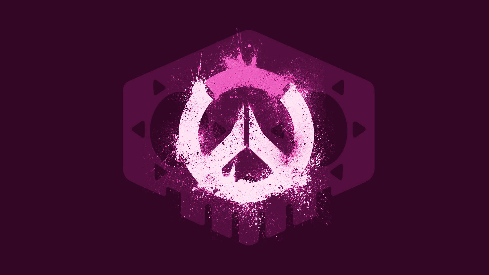 4K Overwatch 桌布 壁紙 — 在深紫色背景上，一個風格化的Overwatch標誌爆發出充滿活力的粉紅色飛濺效果。