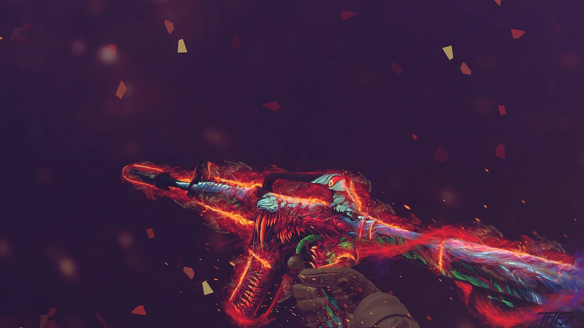 Cs Go 桌布 壁紙 — 在深紫色背景上，一把帶有電光藍色點綴和漂浮五彩紙屑的發光火焰武器。