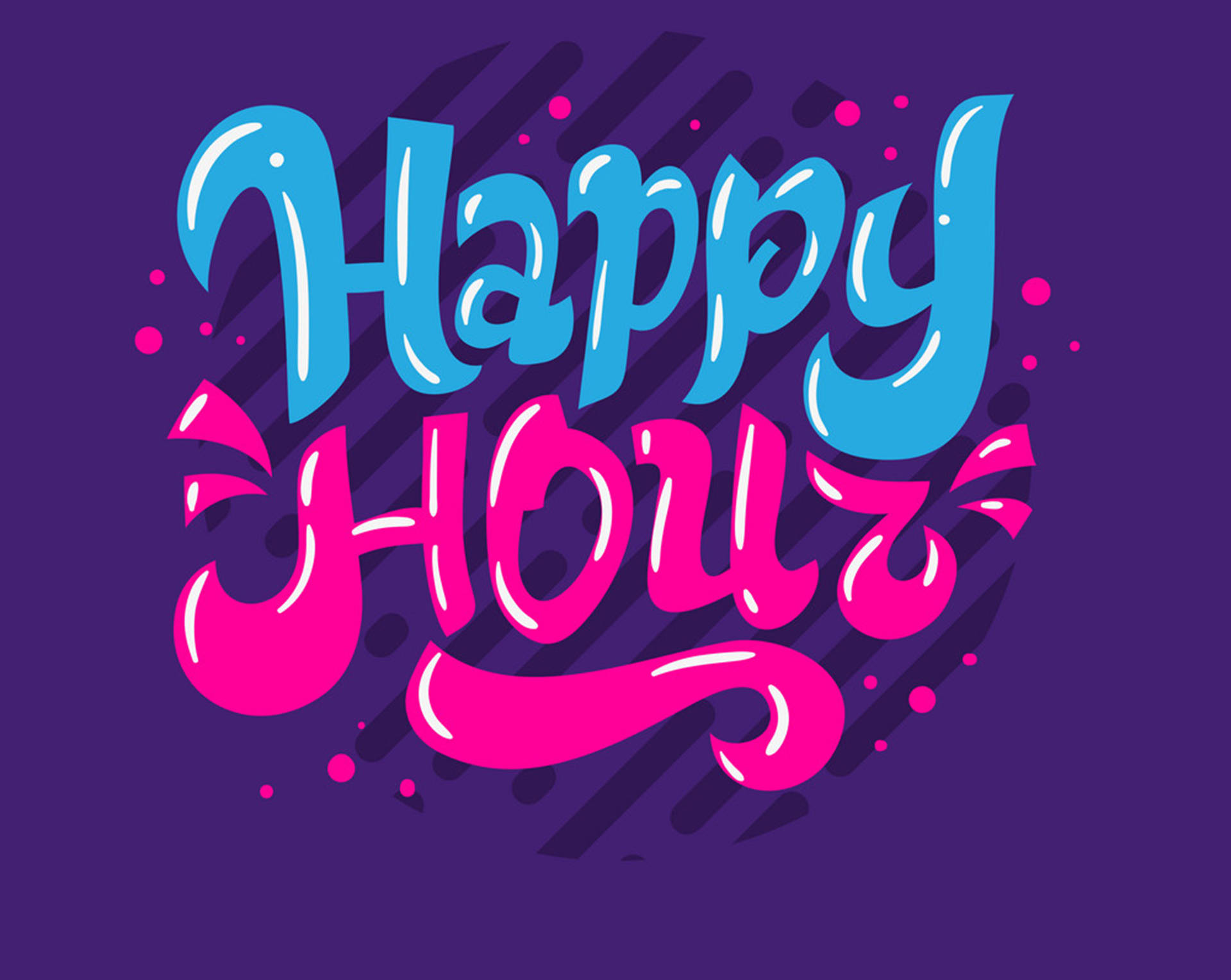 Hour 桌布 壁紙 — 在深紫色背景上，帶有俏皮水滴和圓點的鮮豔藍色和粉紅色「Happy Hour」文字。
