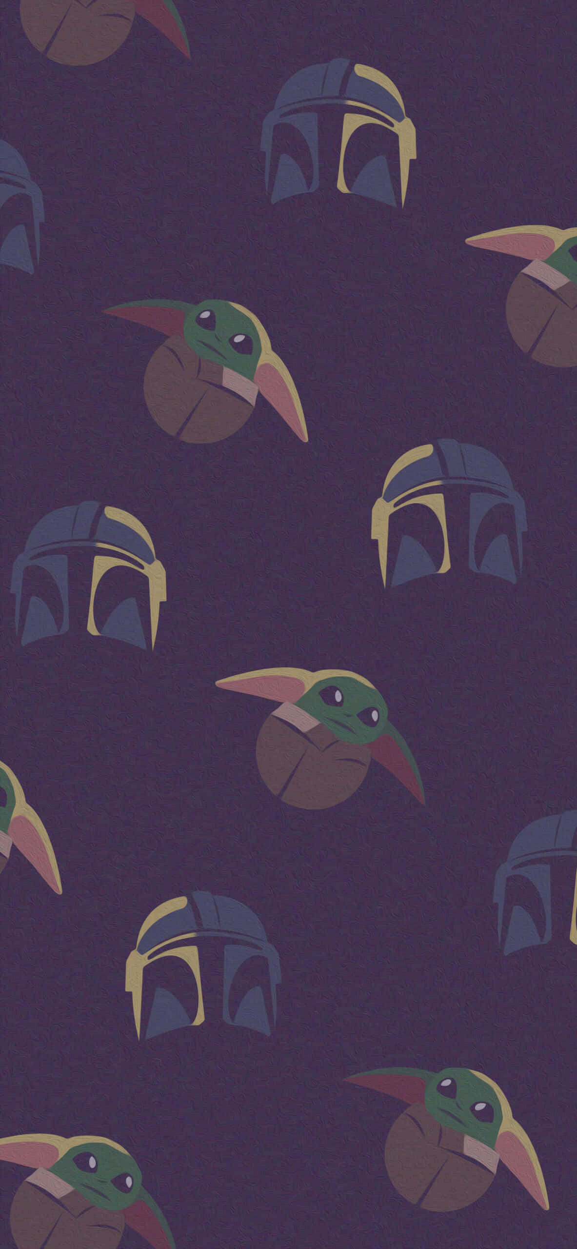 Baby Yoda Aesthetic 桌布 壁紙 — 在深紫色背景上重複出現的 Grogu 和曼達洛人頭盔圖案。