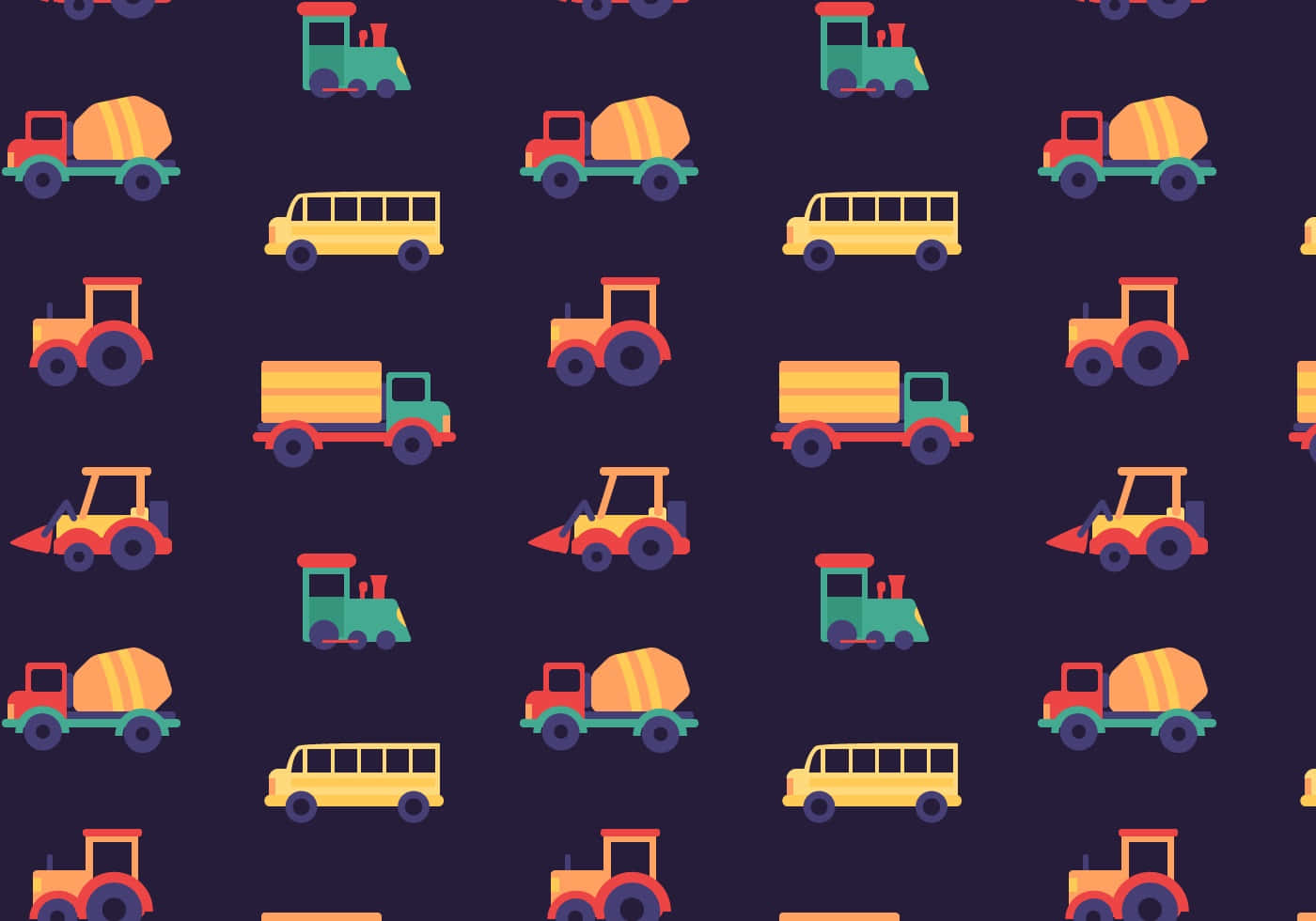 Car Pattern 桌布 壁紙 — 在深紫色背景上重複出現的彩色卡通建築車輛圖案。