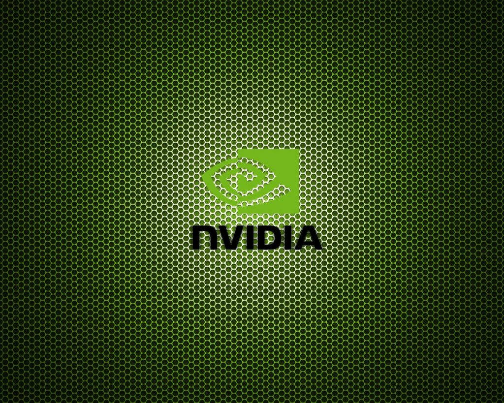 nvidia 桌布 壁紙 — 在深綠色六角網格背景上帶有漸變照明的亮綠色Nvidia標誌。