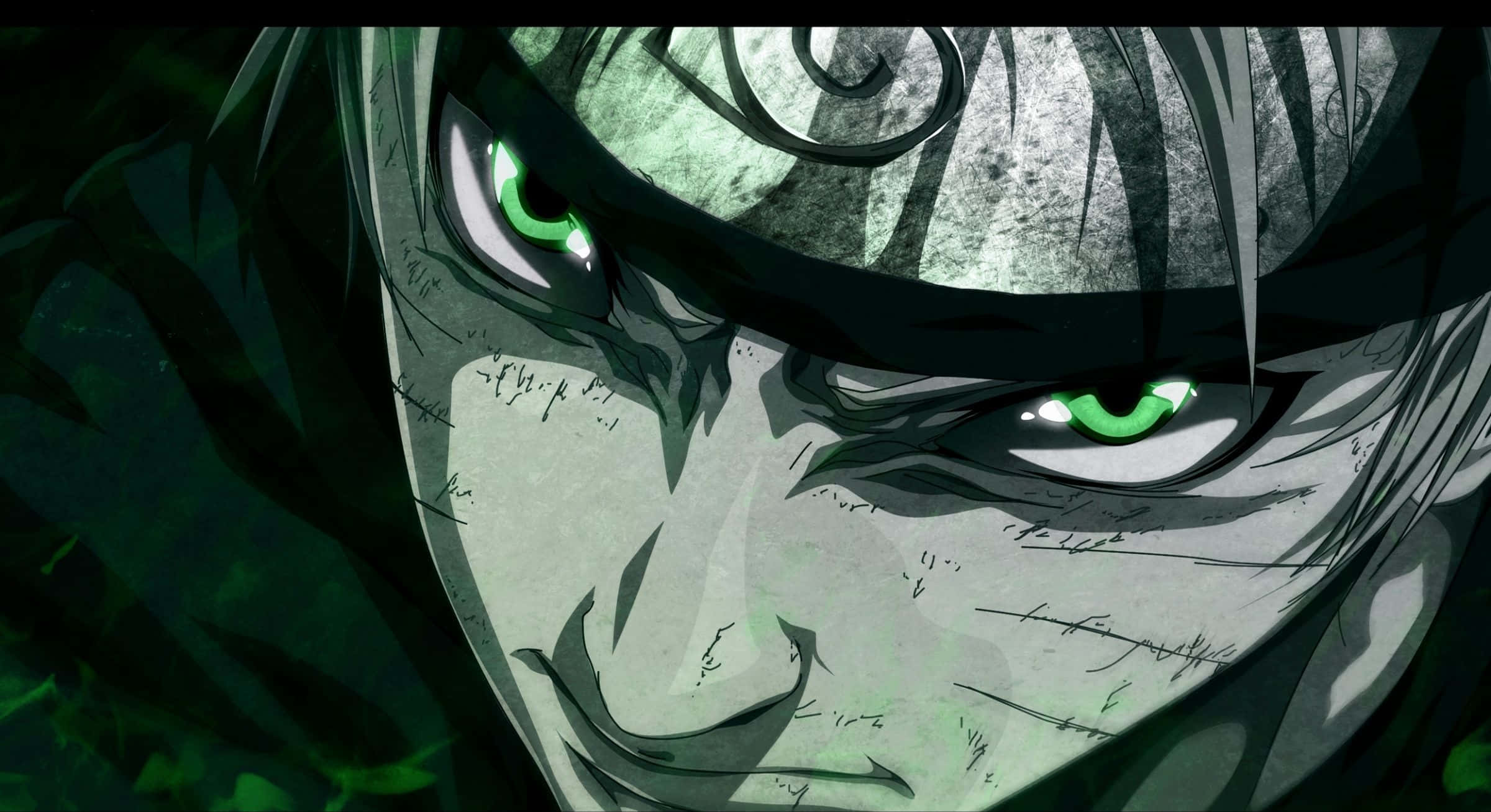 Naruto Green 桌布 壁紙 — 在深綠色燈光下，一個擁有發光綠色眼睛和縫合疤痕面孔的動漫角色特寫。
