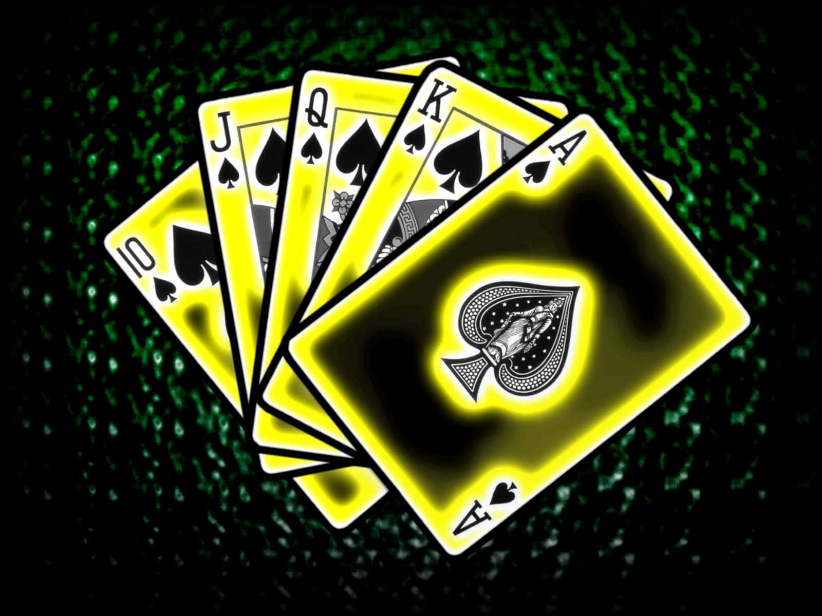 Poker 桌布 壁紙 — 在深綠色紋理背景上，發光的黑桃撲克牌扇形排列。