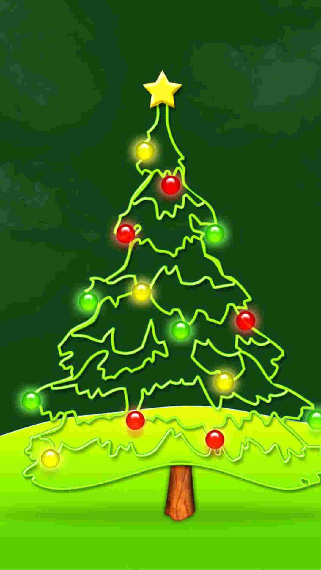 Christmas Lights Aesthetic 桌布 壁紙 — 在深綠色背景上，一個發光的霓虹燈輪廓聖誕樹，裝飾著紅色、綠色和黃色的燈光，頂部有一顆星星。