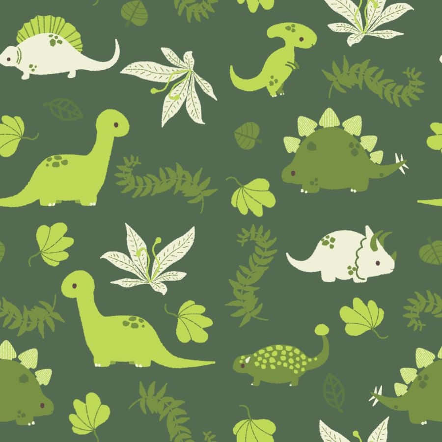 Cute Dinosaur 桌布 壁紙 — 在深綠色背景上，可愛的綠色和白色卡通恐龍和葉子的俏皮圖案。