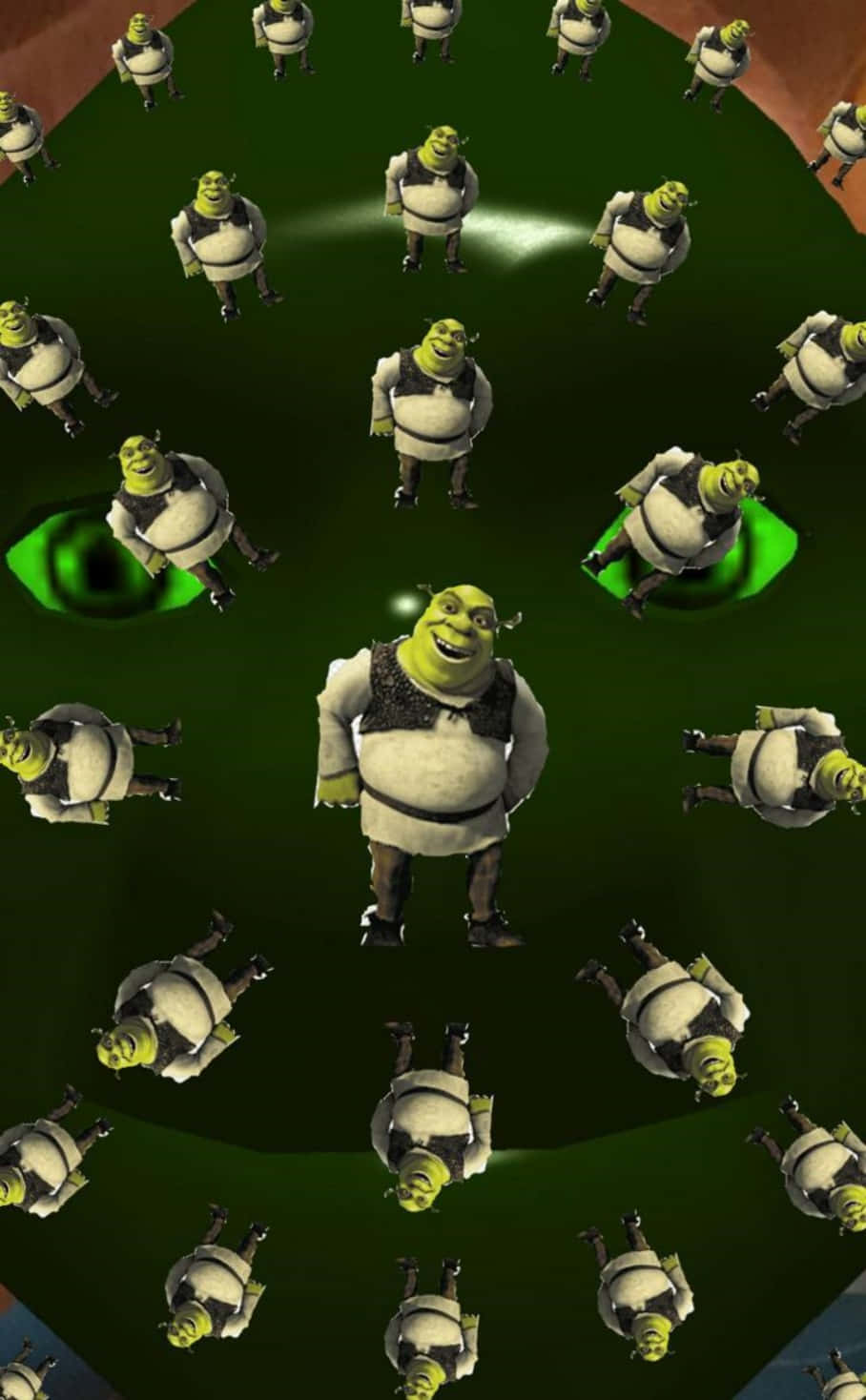 Funny Shrek 桌布 壁紙 — 在深綠色背景上，史瑞克角色以不同方向排列的萬花筒圖案，帶有發光的綠色圓圈。