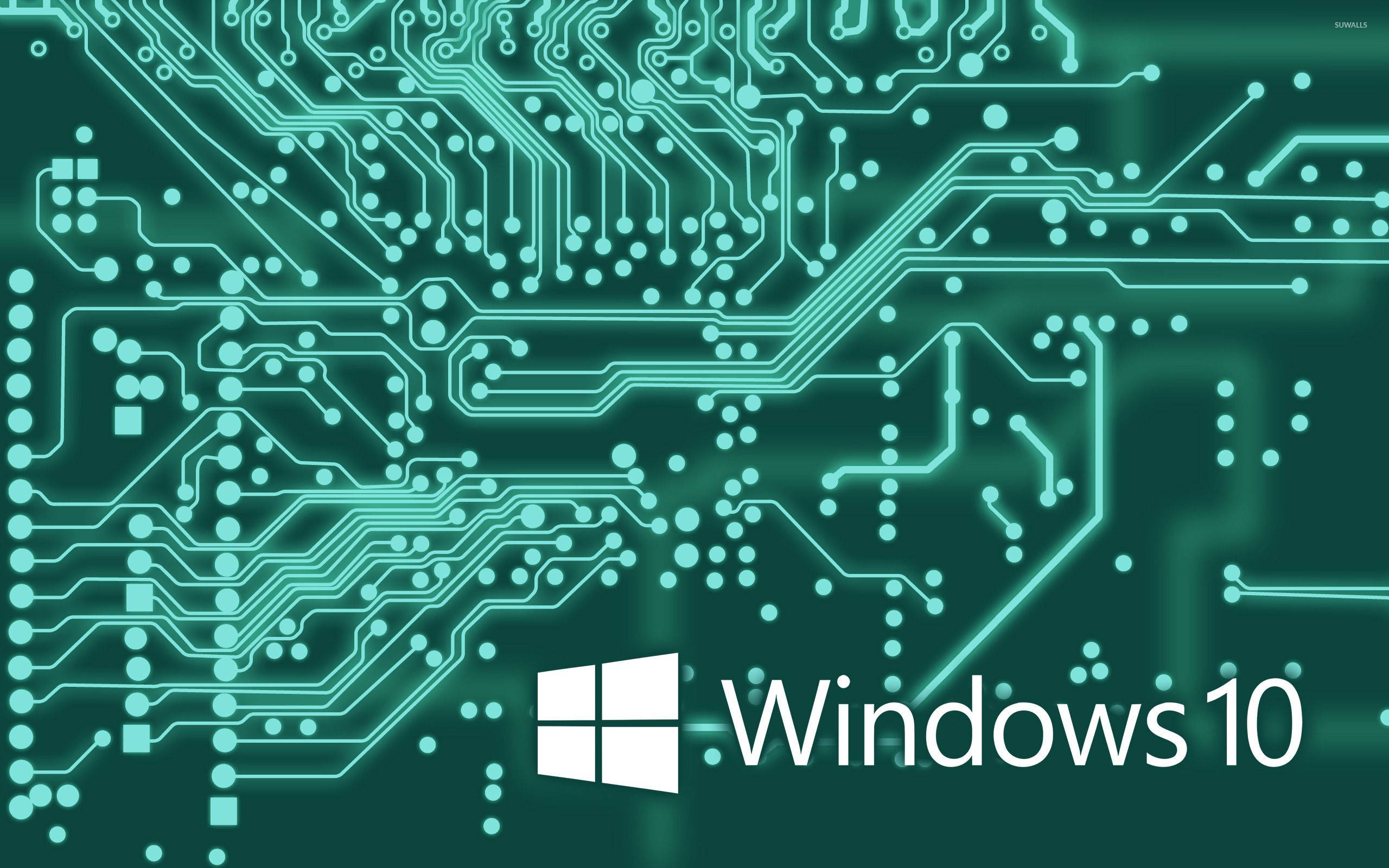 Circuit 桌布 壁紙 — 在深綠色背景上，帶有發光青綠色電路板圖案，中央為Windows 10標誌。
