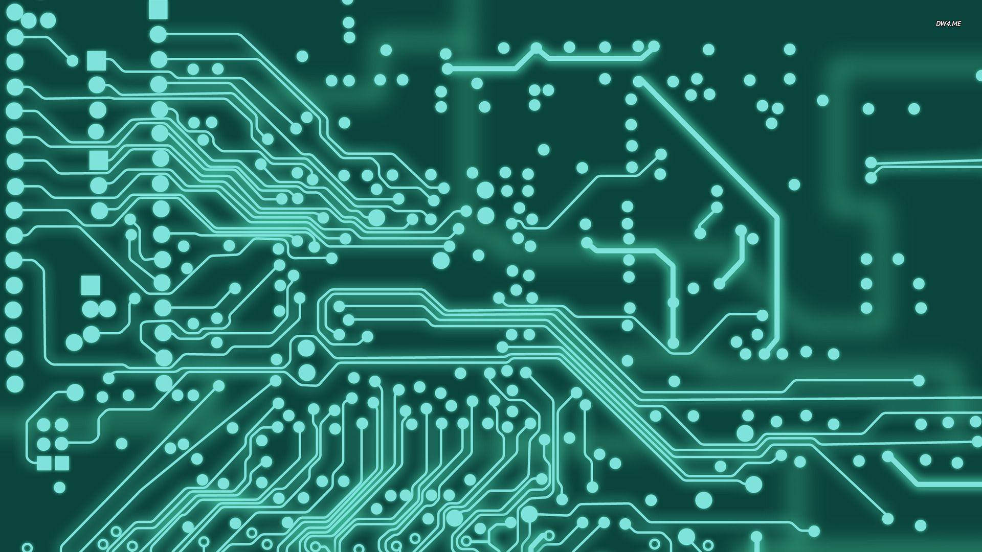 Motherboard 桌布 壁紙 — 在深綠色背景上，帶有複雜路徑和點的發光青綠色電路板。