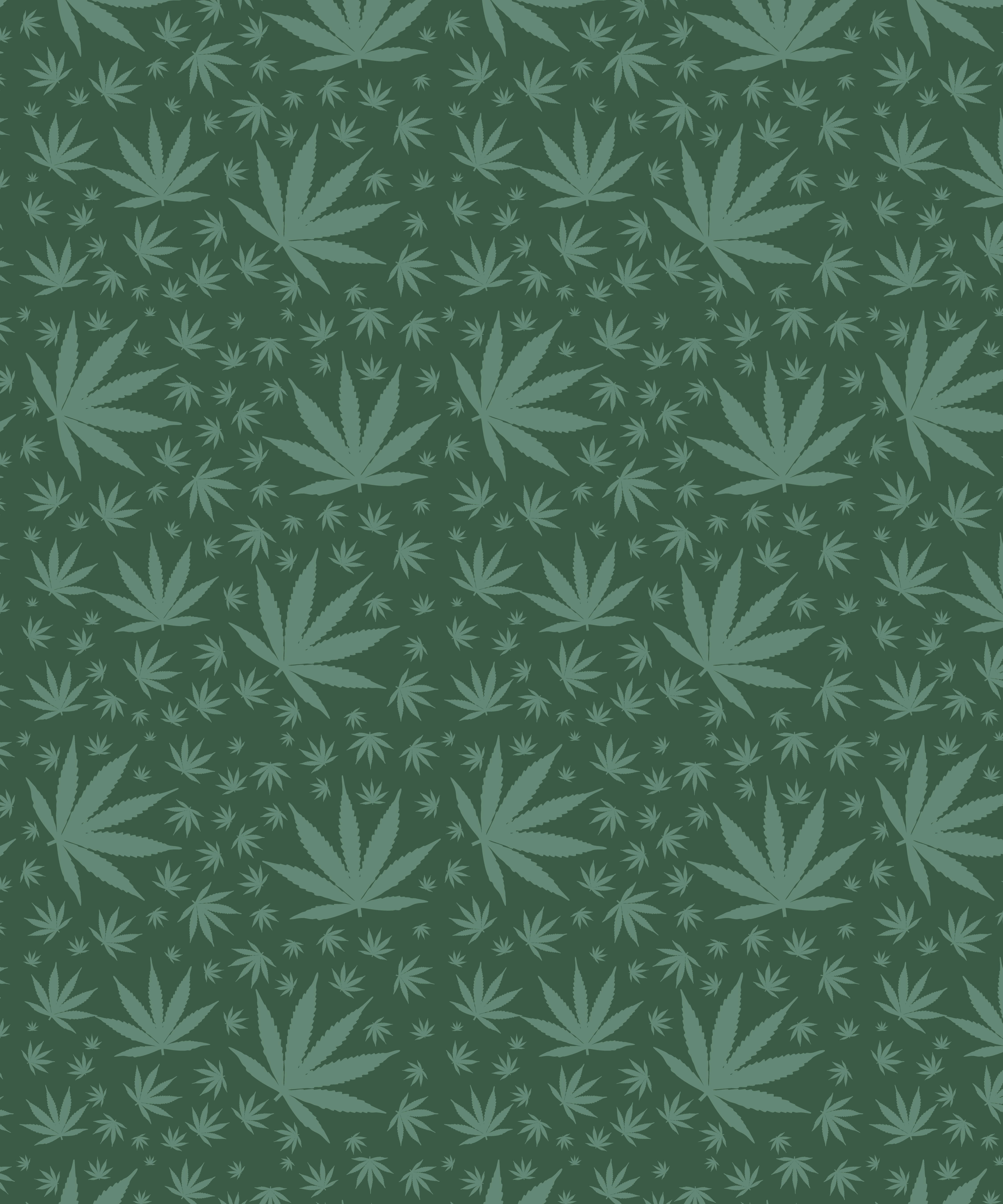 圖案 桌布 壁紙 — 在深綠色背景上重複排列的柔和青綠色大麻葉圖案。