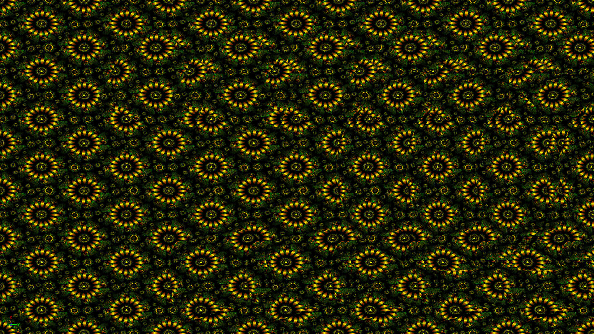 Magic Eye 桌布 壁紙 — 在深綠色背景上重複的發光黃色向日葵圖案，營造出充滿活力和催眠的視覺效果。