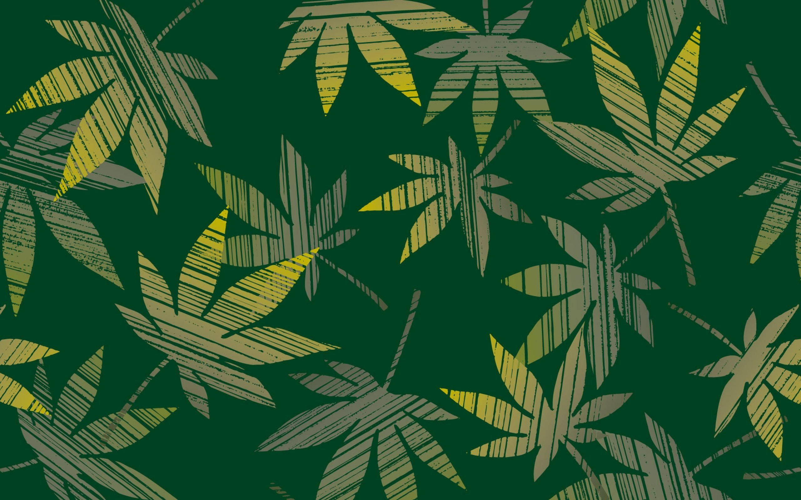 大麻 桌布 壁紙 — 在深綠色背景上重複的黃色和灰色風格化大麻葉圖案。