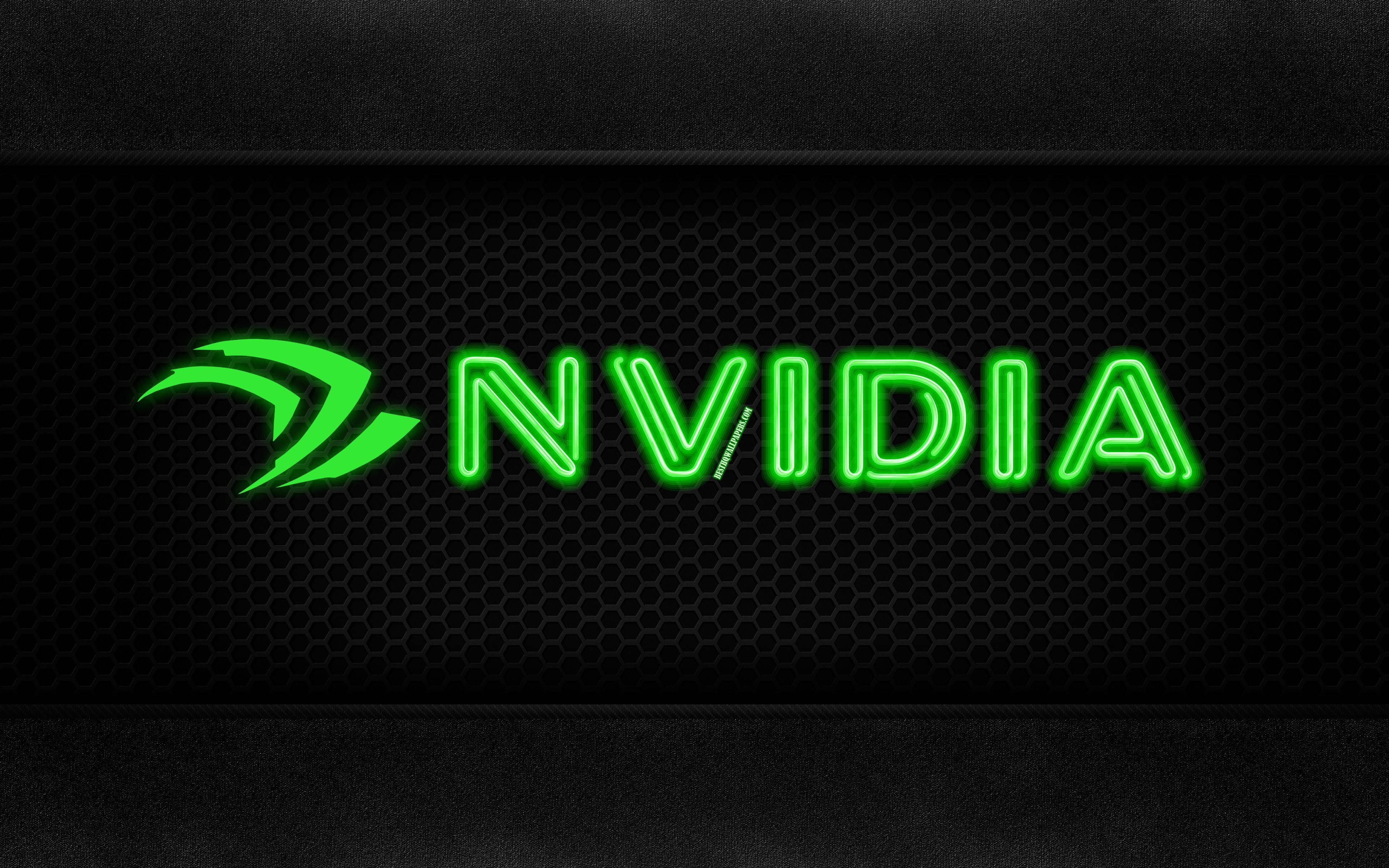 nvidia 桌布 壁紙 — 在深色六角形網格背景上，帶有紋理黑色邊框的鮮豔綠色發光NVIDIA標誌。