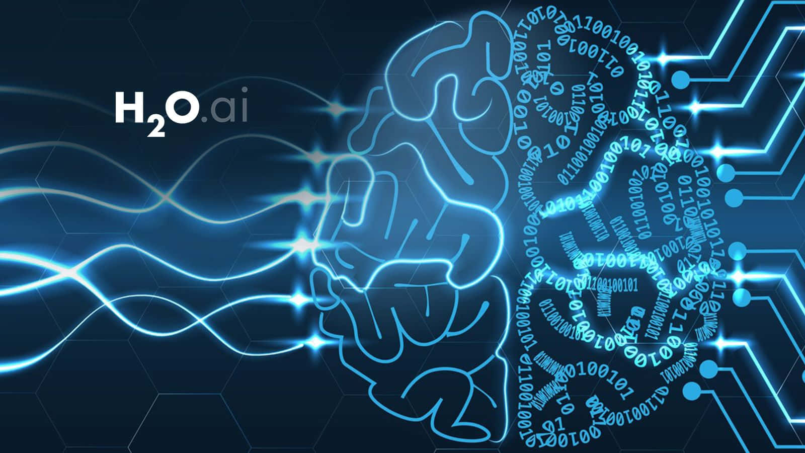 AI 桌布 壁紙 — 在深色六邊形背景上，被二進制代碼和電路包圍的發光藍色大腦輪廓。