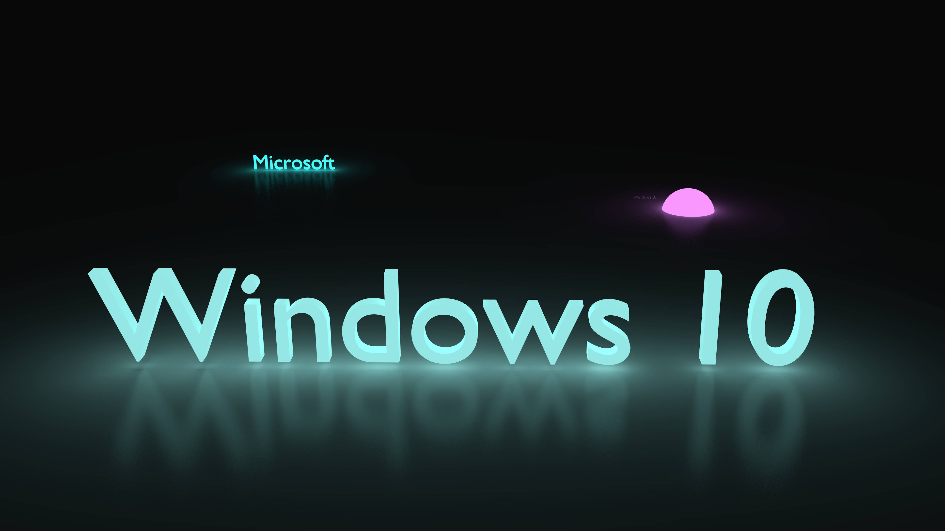 Windows 10 高畫質 桌布 壁紙 — 在深色反光表面上，帶有Microsoft標誌和粉紅色球體的發光青色'Windows 10'文字。