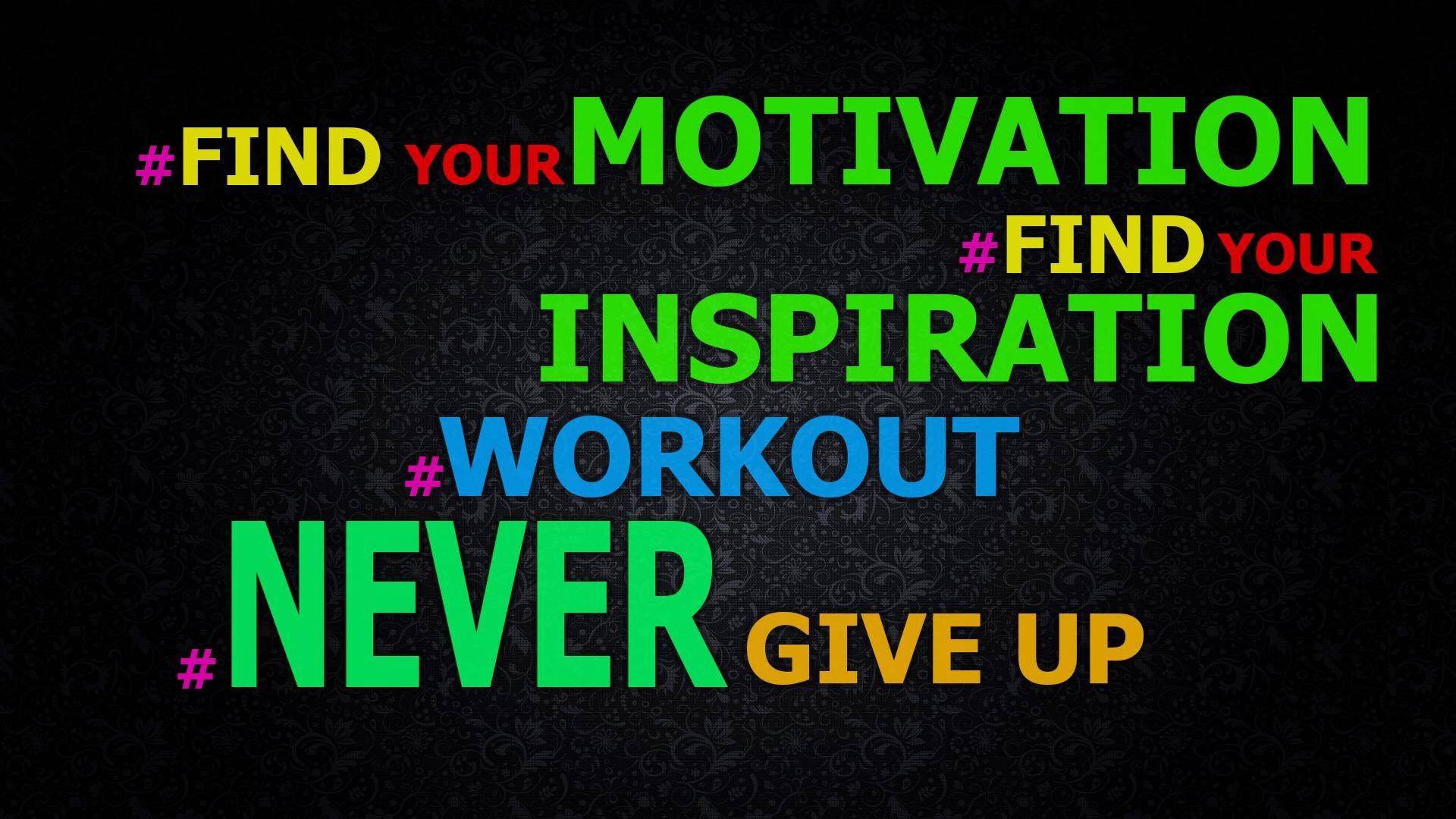 Motivation 桌布 壁紙 — 在深色圖案背景上，大膽多彩的勵志文字，敦促尋找動力靈感，永不放棄。