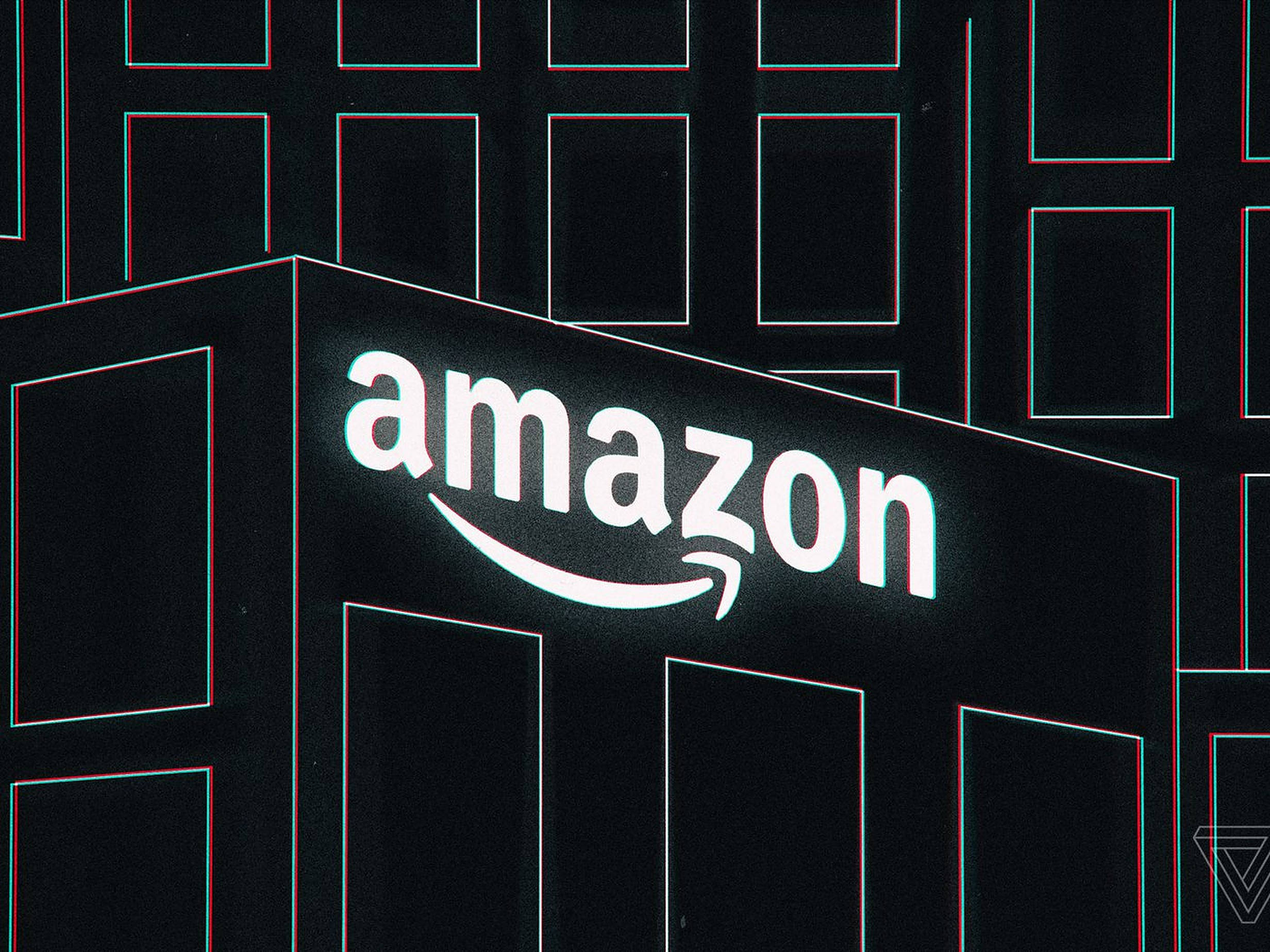 亞馬遜 桌布 壁紙 — 在深色幾何建築外牆上發光的Amazon標誌，帶有紅色和青色的立體3D效果。