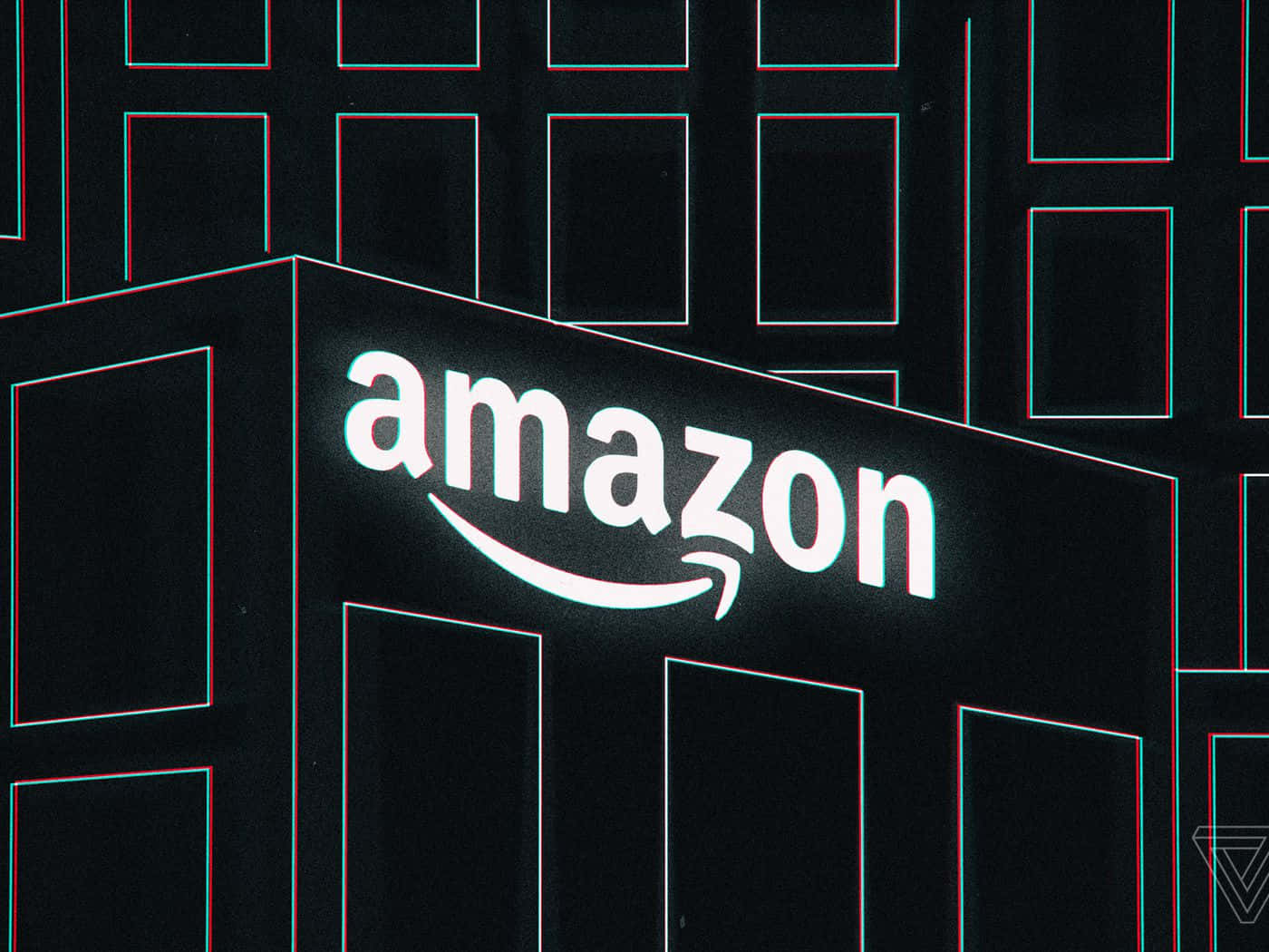 Amazon標誌在深色網格背景上發出色差光芒。 — 亞馬遜 GIF 壁紙