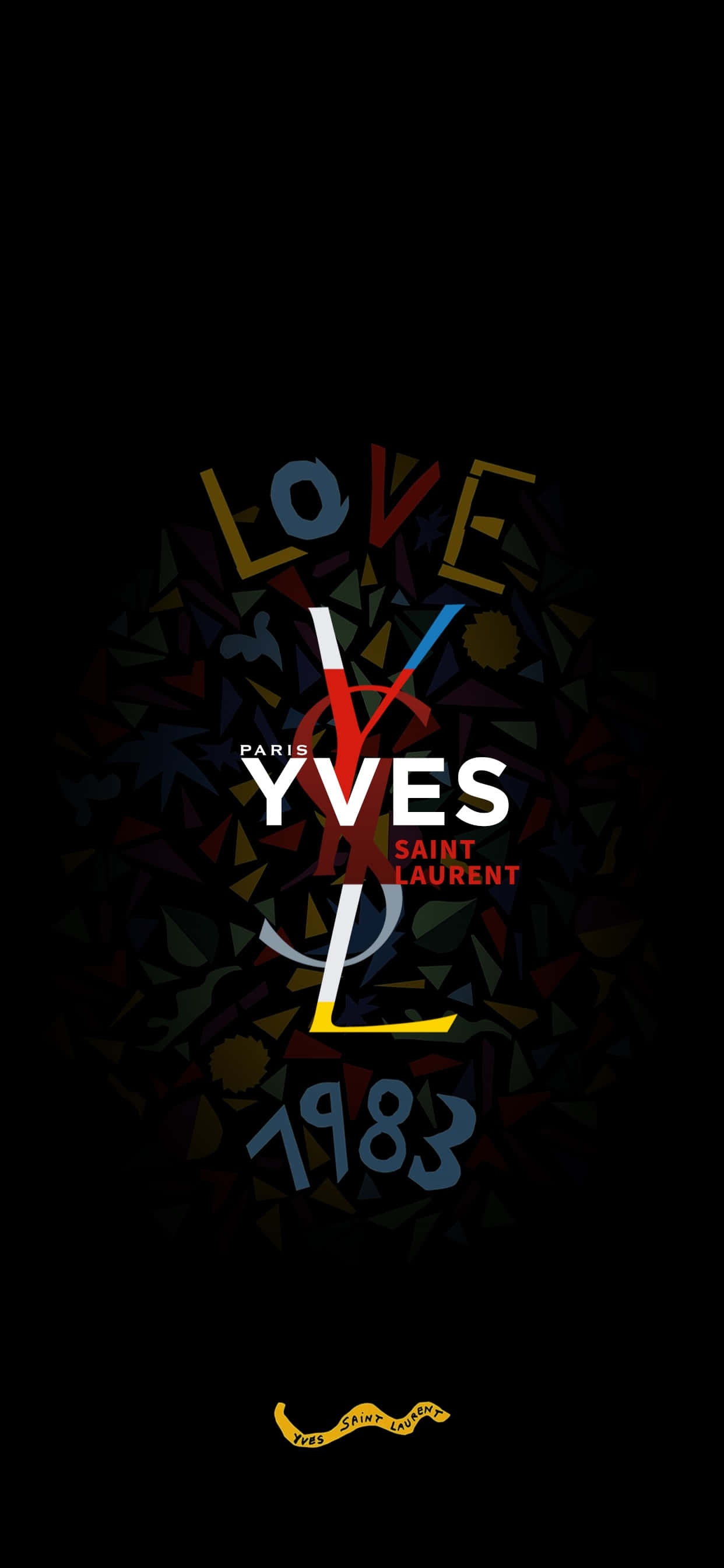 YSL 桌布 壁紙 — 在深色抽象幾何背景上，大膽多彩的 Yves Saint Laurent 標誌，帶有「LOVE」和「1983」。