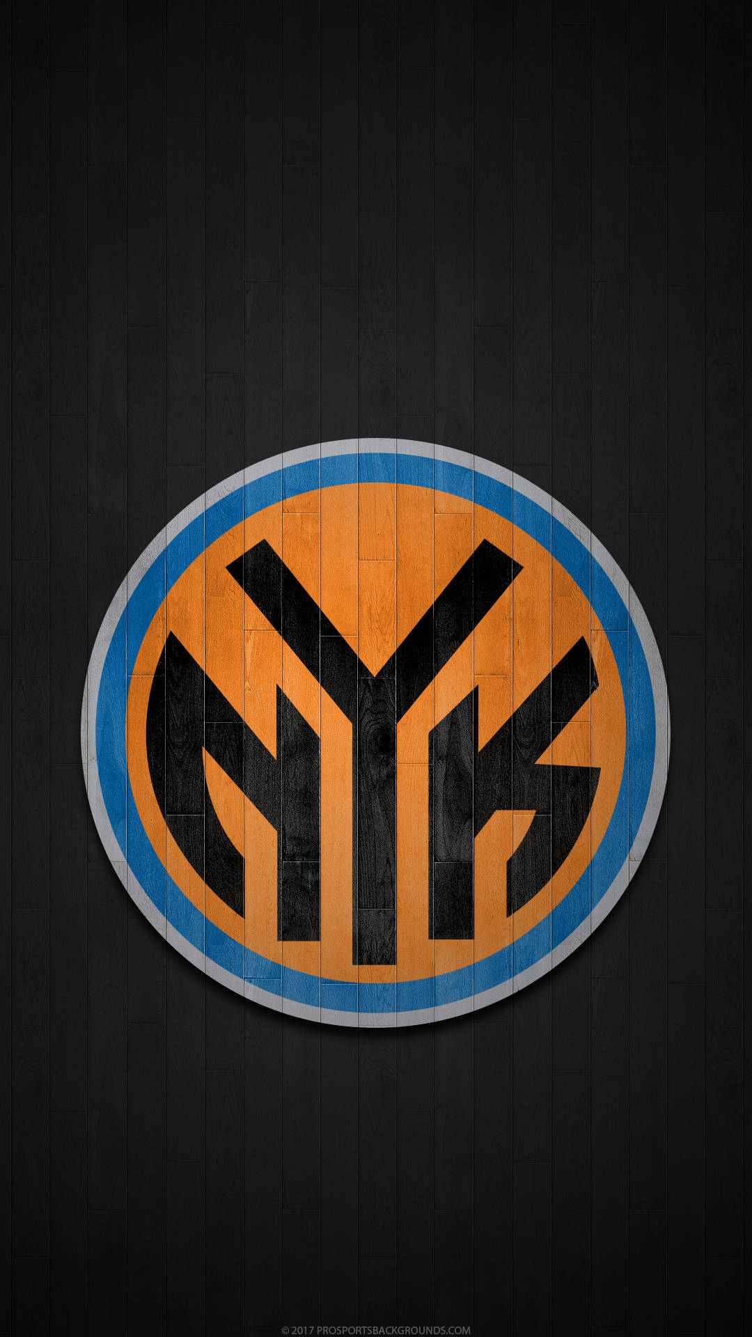New 桌布 壁紙 — 在深色木牆背景上，以橙色、黑色和藍色呈現大膽的NY Knicks標誌。