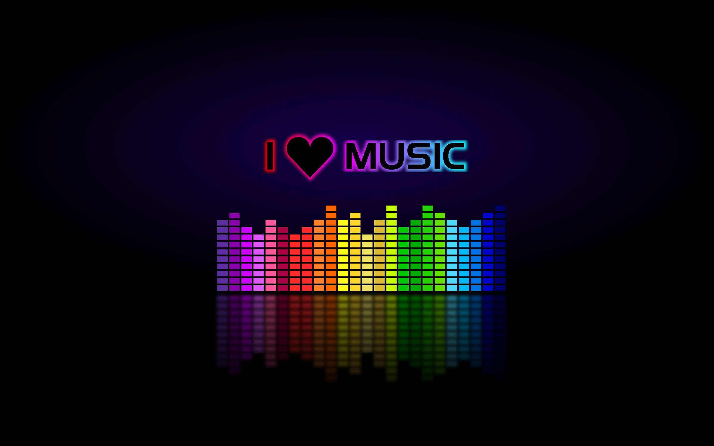 音樂 桌布 壁紙 — 在深色漸層背景上，發光的霓虹燈文字「I ❤️ MUSIC」下方，鮮豔的彩虹音頻等化器條在脈動。