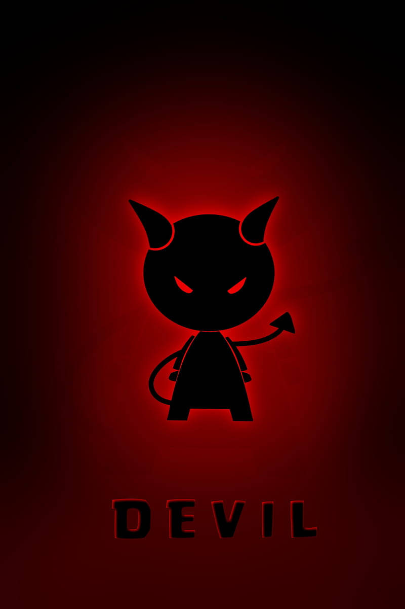 一個發光紅色的卡通惡魔剪影，下方有「惡魔」字樣。 — 惡魔 壁紙