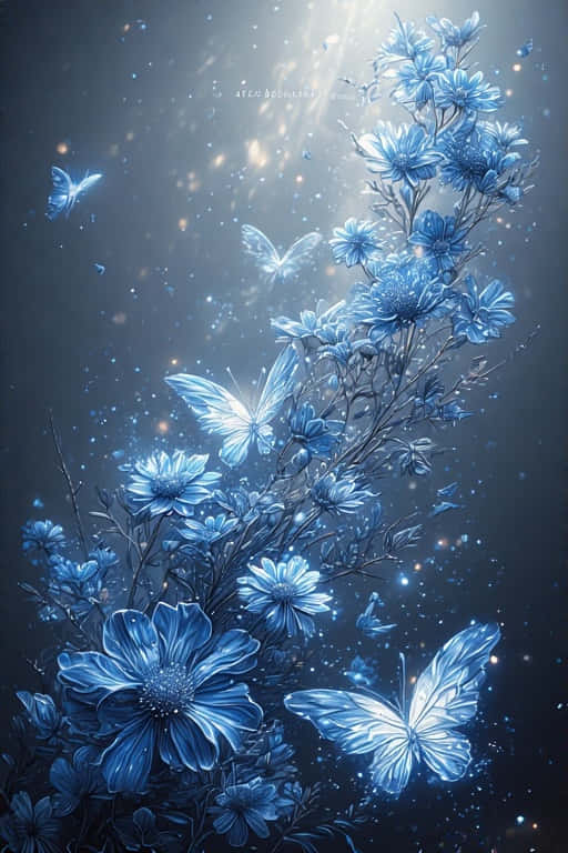 Blue Flowers and Glowing Butterflies Wallpaper 壁紙 — 在深色漸變背景上，一個閃耀的藍色花卉佈置，帶有發光的蝴蝶和閃爍的粒子。