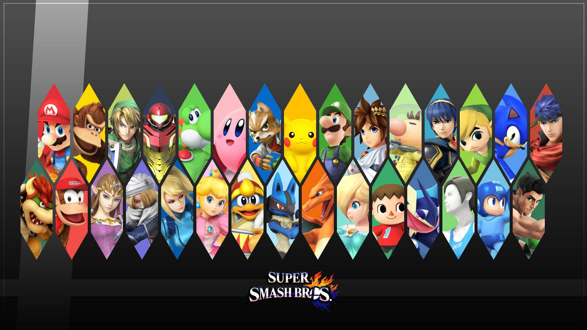 Smash Bros Ultimate 桌布 壁紙 — 在深色漸變背景上，以色彩繽紛的鑽石框架展示一系列充滿活力的標誌性 Super Smash Bros 角色。