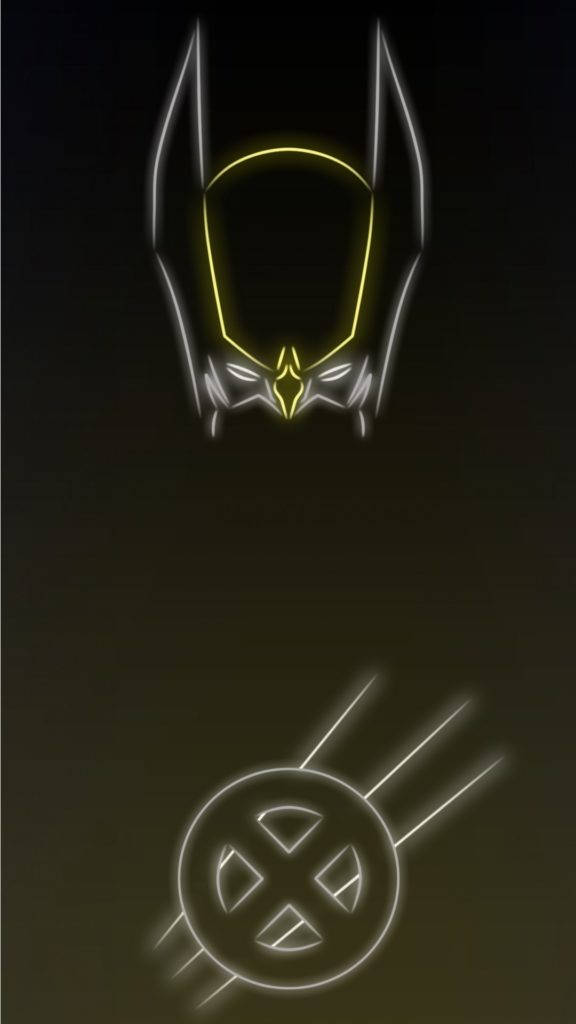 Neon Phone 桌布 壁紙 — 在深色漸變背景上，發光的霓虹輪廓勾勒出金剛狼面具和X-Men標誌。
