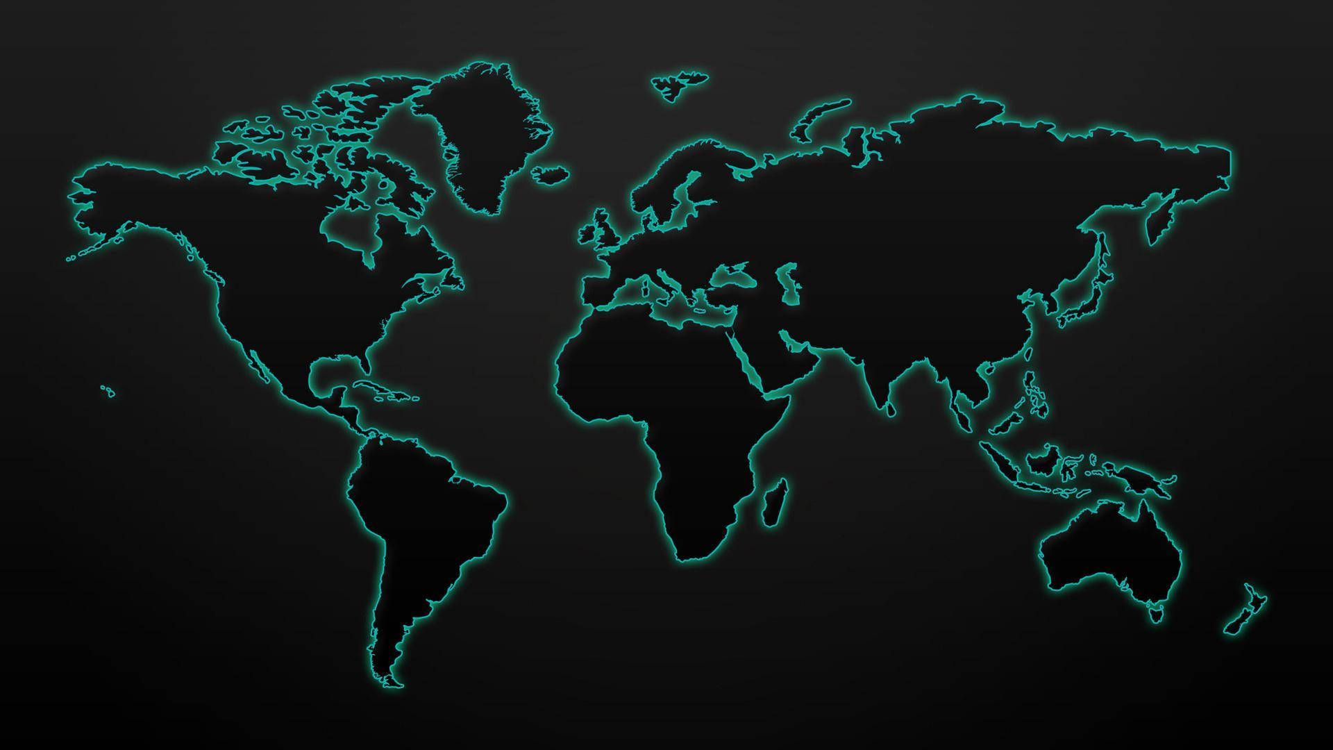 World 桌布 壁紙 — 在深色漸變背景上，發光的青綠色世界地圖輪廓。