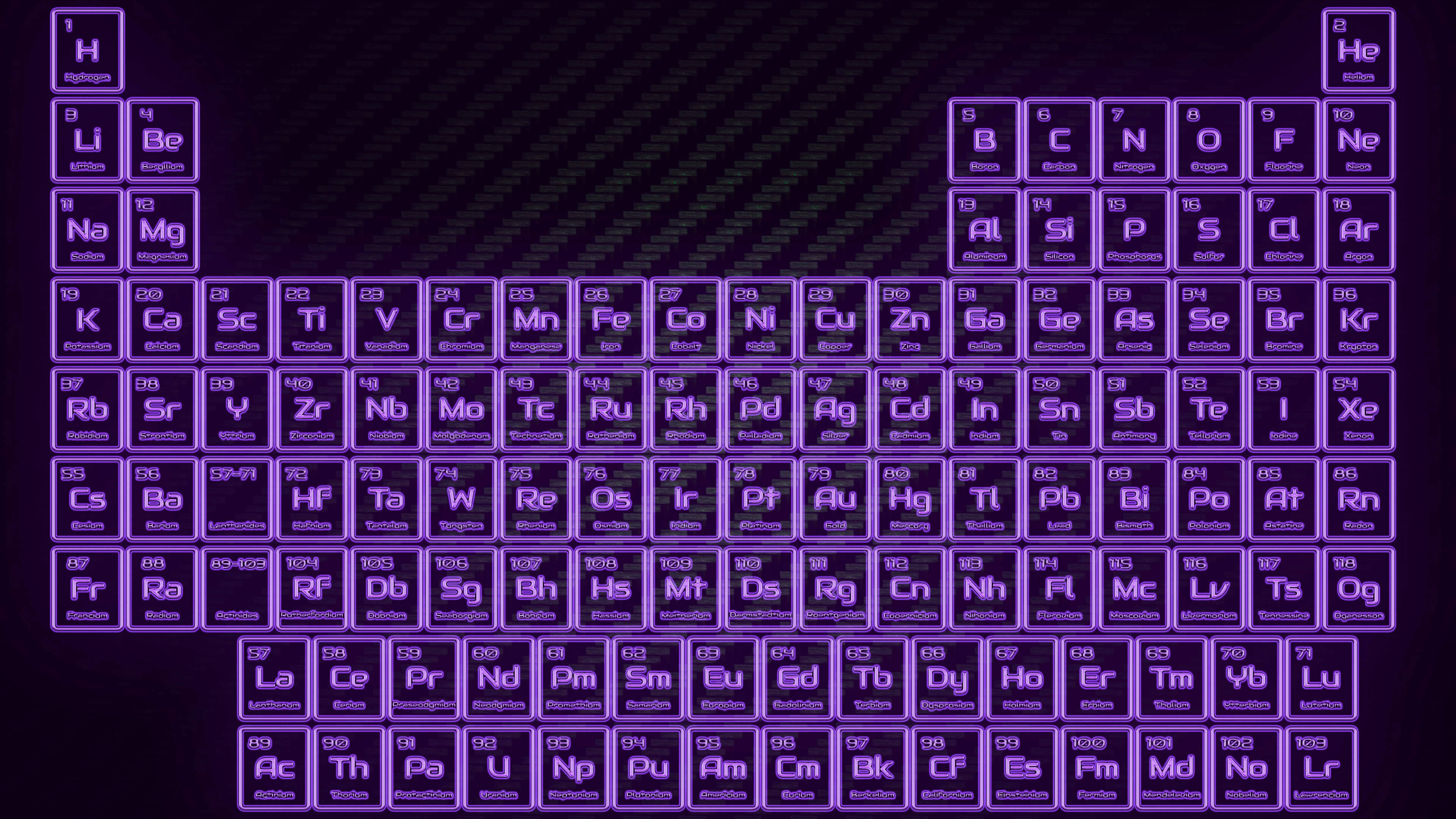 Periodic 桌布 壁紙 — 在深色碳纖維背景上帶有對角線紋理的發光紫色元素週期表。