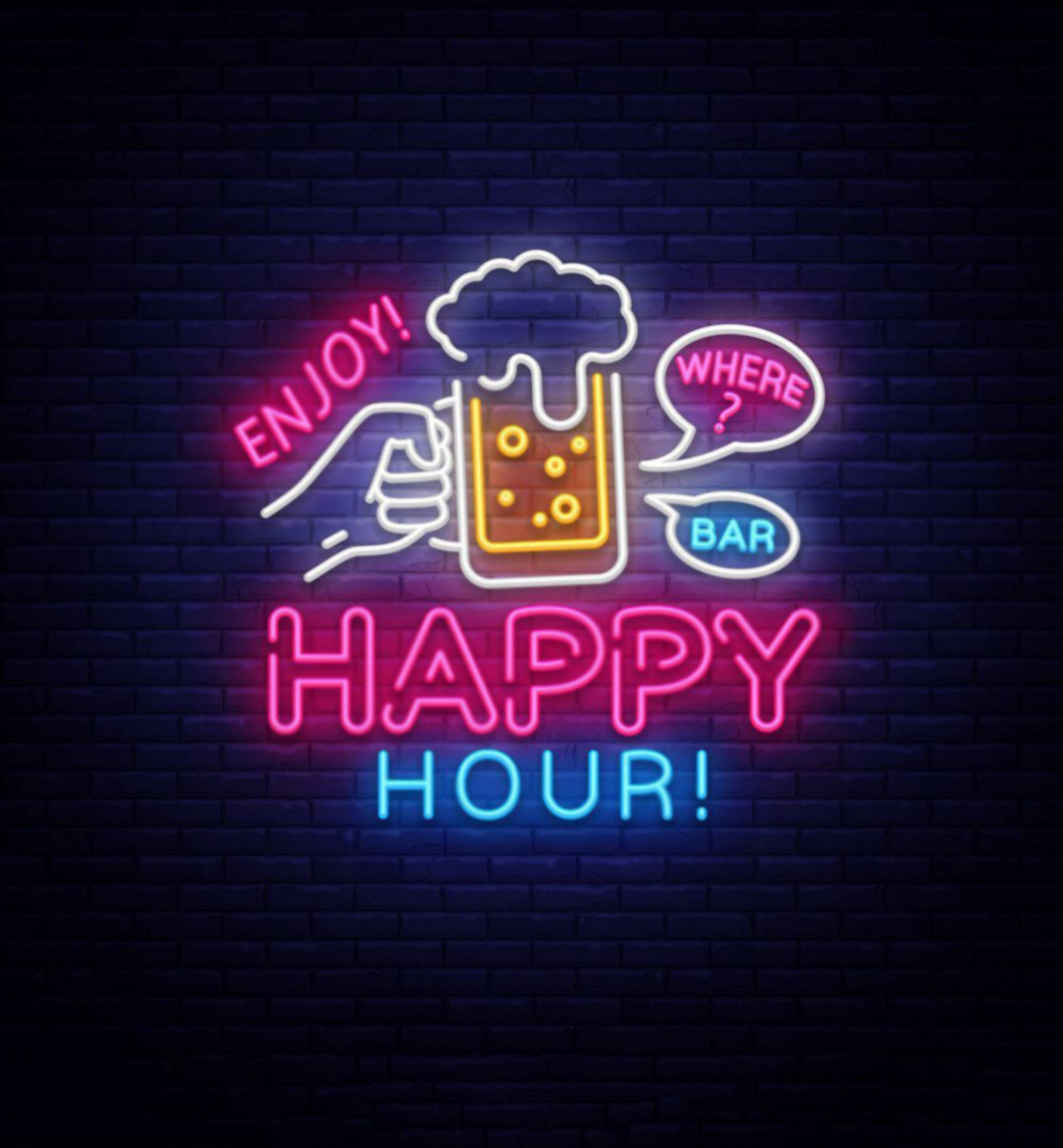 Hour 桌布 壁紙 — 在深色磚牆上，以啤酒杯和手為特色的鮮豔霓虹燈招牌，宣傳歡樂時光。