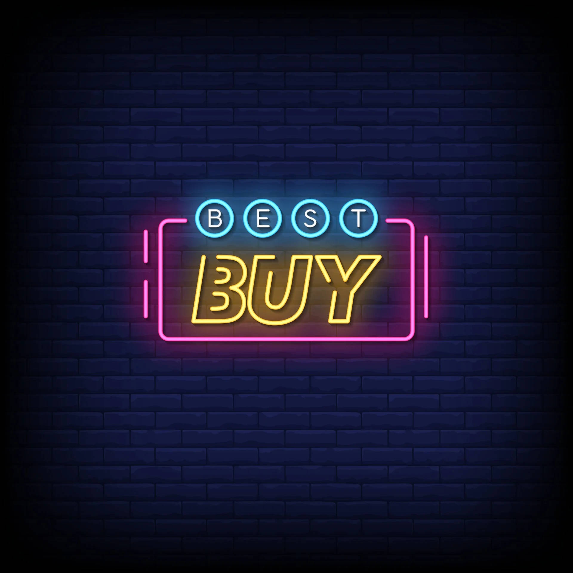 buy 桌布 壁紙 — 在深色磚牆上，以發光藍色和黃色字母顯示「BEST BUY」的鮮豔霓虹燈招牌。