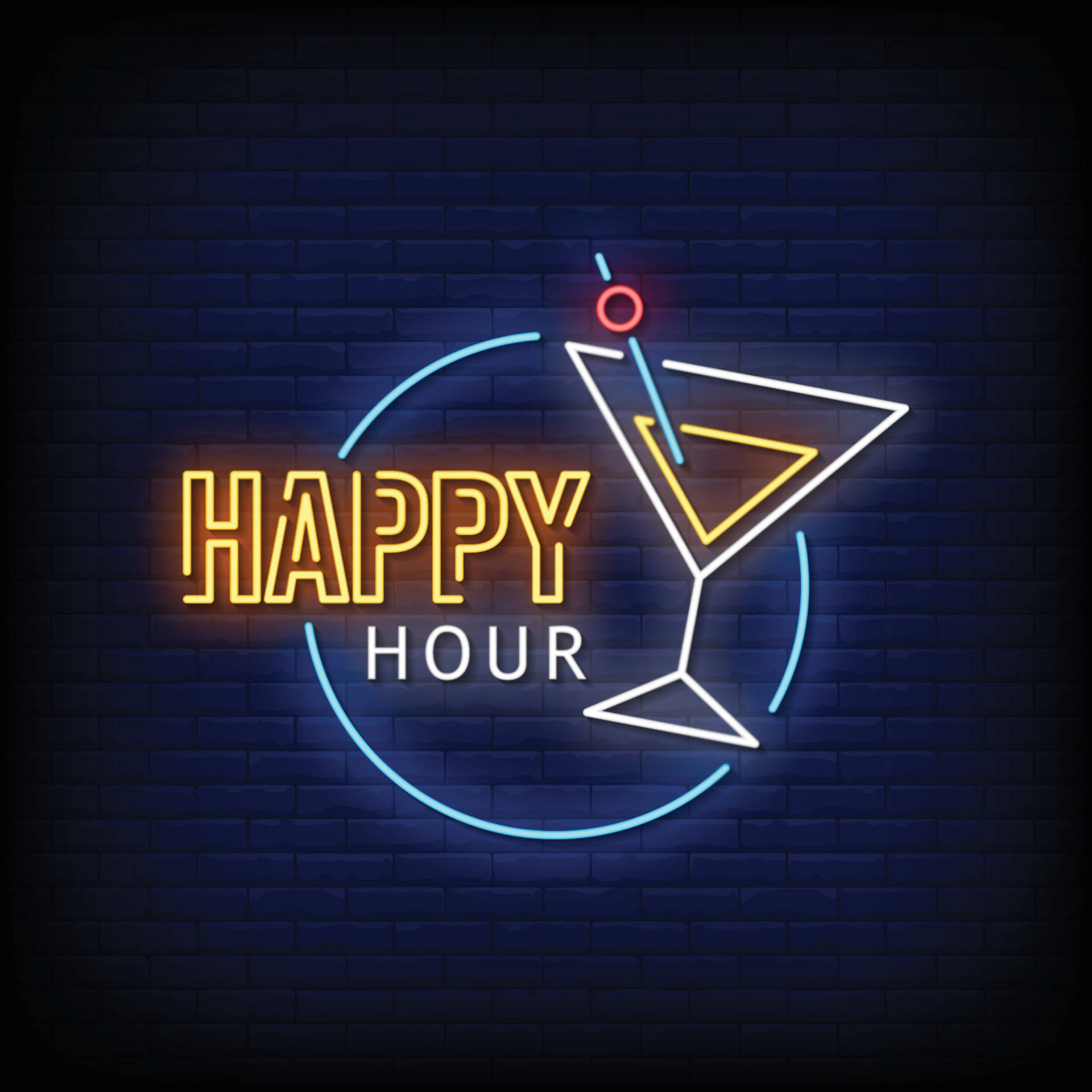 Hour 桌布 壁紙 — 在深色磚牆上，發光的 'HAPPY HOUR' 霓虹燈牌和馬丁尼酒杯，色彩鮮豔。