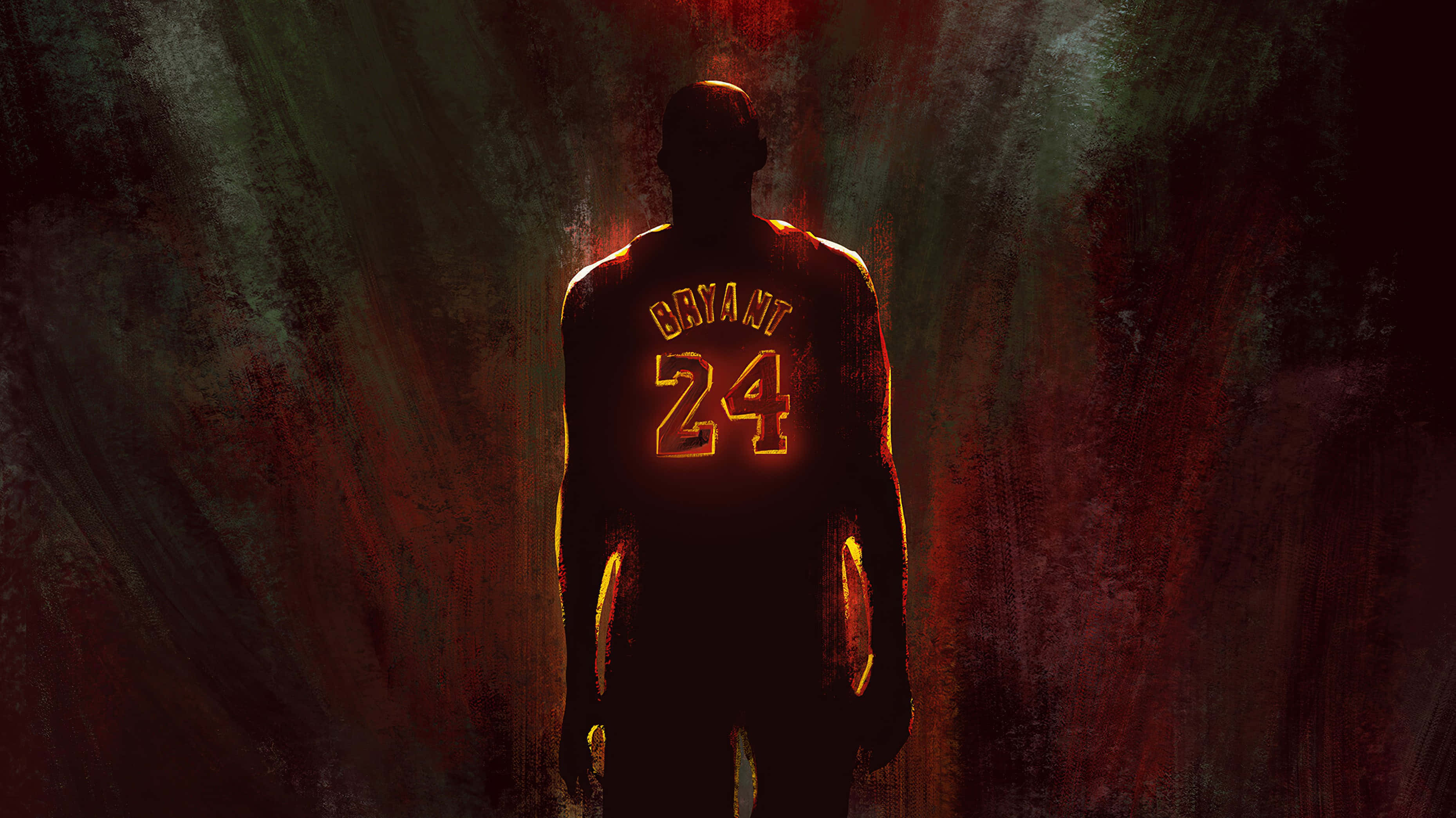 科比· Bryant 桌布 壁紙 — 在深色紋理背景上，一名籃球運動員穿著發光的 Bryant 24 球衣的剪影。
