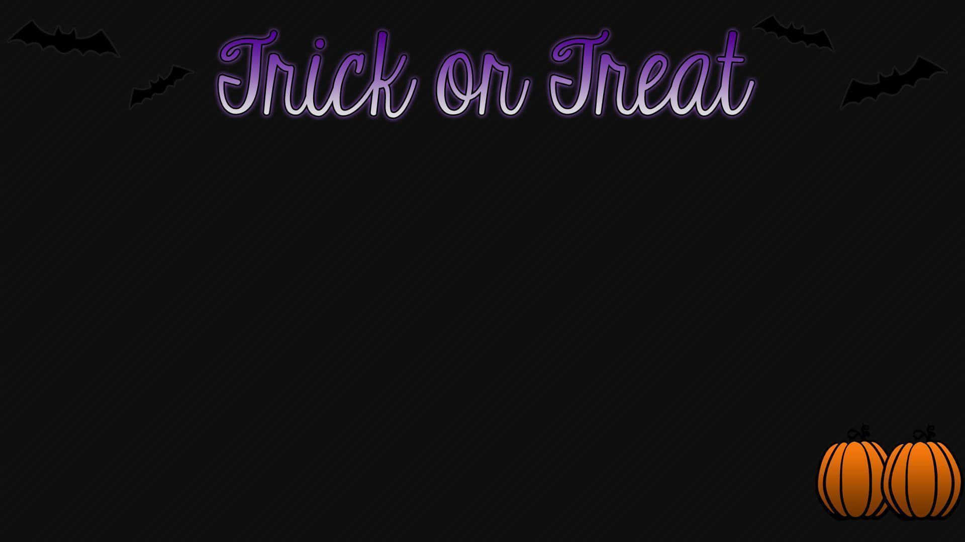 Trick Or Treat 桌布 壁紙 — 在深色紋理背景上，帶有蝙蝠和南瓜的紫色發光「Trick or Treat」文字。