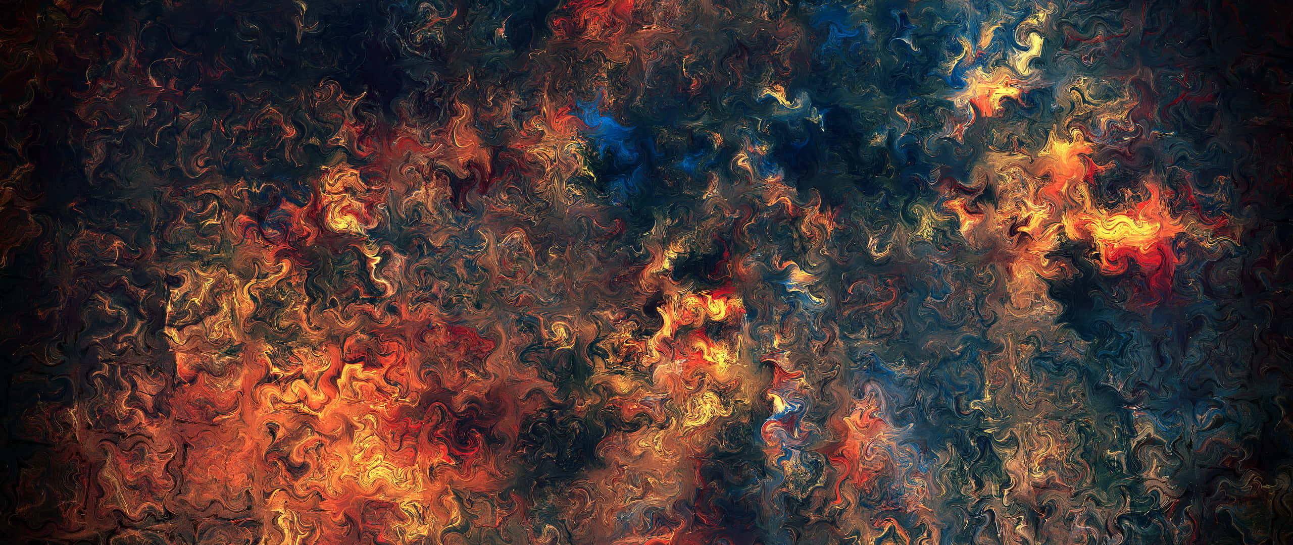 Art 2560x1080 桌布 壁紙 — 在深色紋理背景上，橙色、紅色和藍色的鮮豔旋轉火焰。