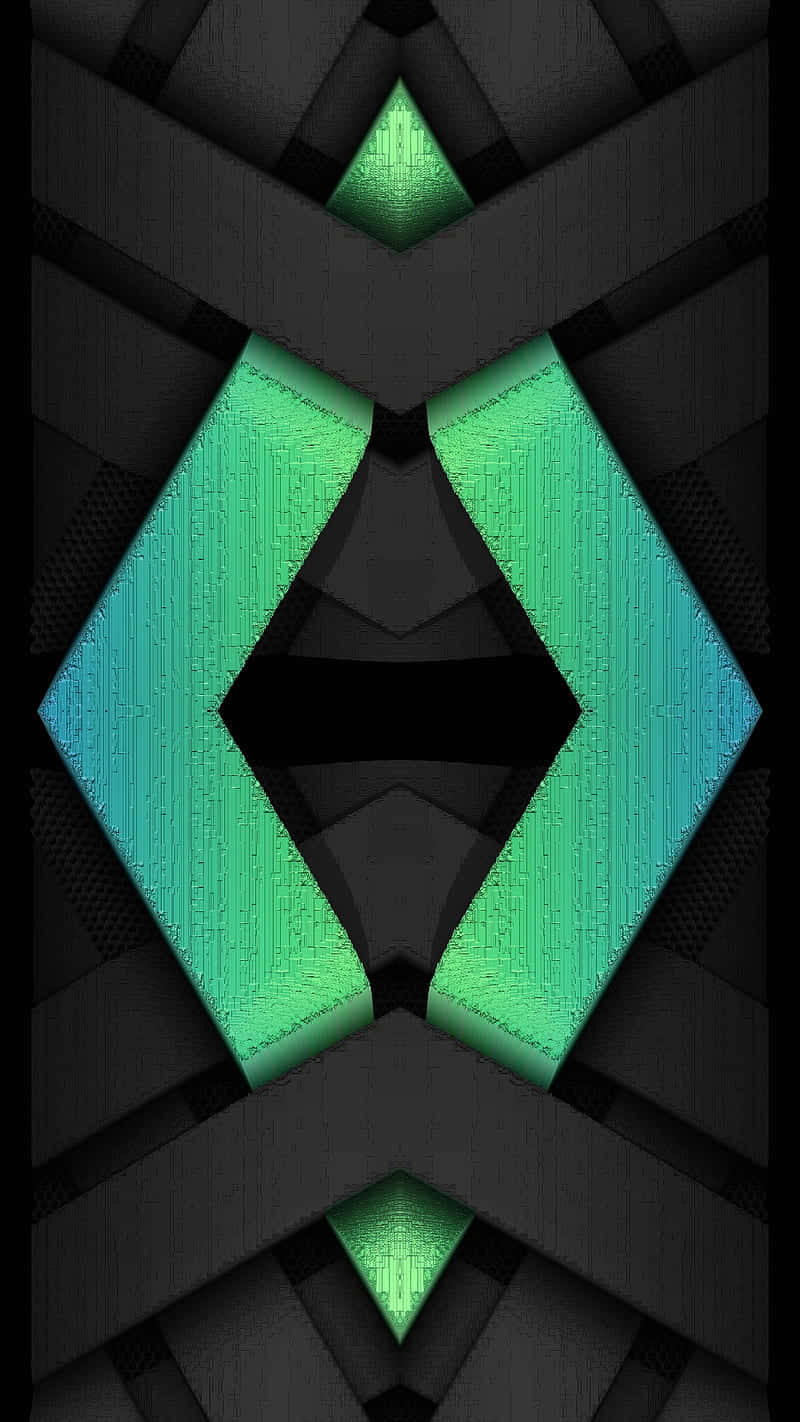 Geometric iPhone 桌布 壁紙 — 在深色紋理背景上，發光綠色六邊形的對稱抽象圖案。