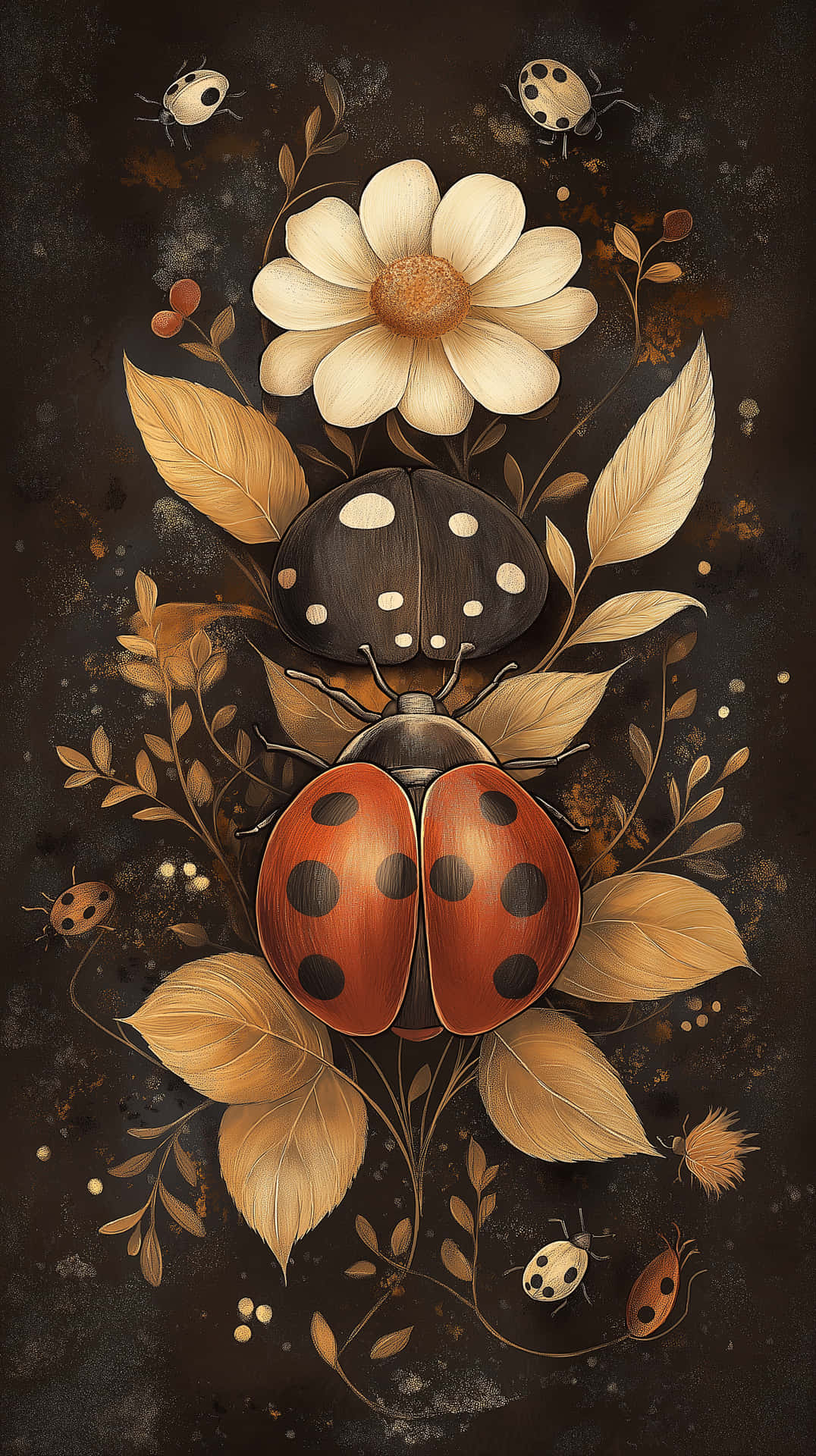 Artistic Floral Composition with Insects and Leaves 壁紙 — 在深色紋理背景上，金色葉子中瓢蟲和白色花朵的風格化插圖。