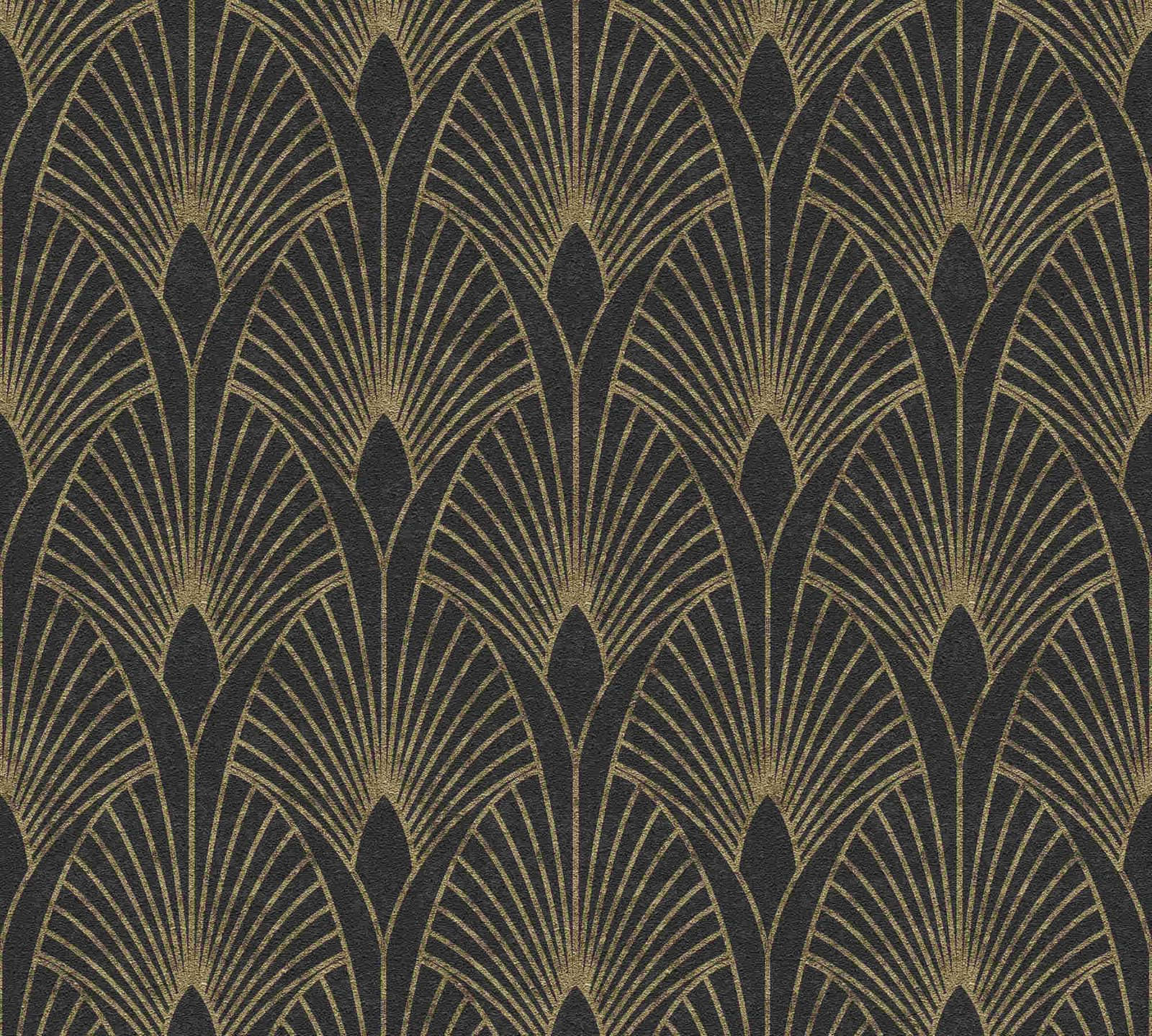 Scalloped Circle 桌布 壁紙 — 在深色紋理背景上以裝飾藝術風格呈現優雅重複的扇形金色圖案。