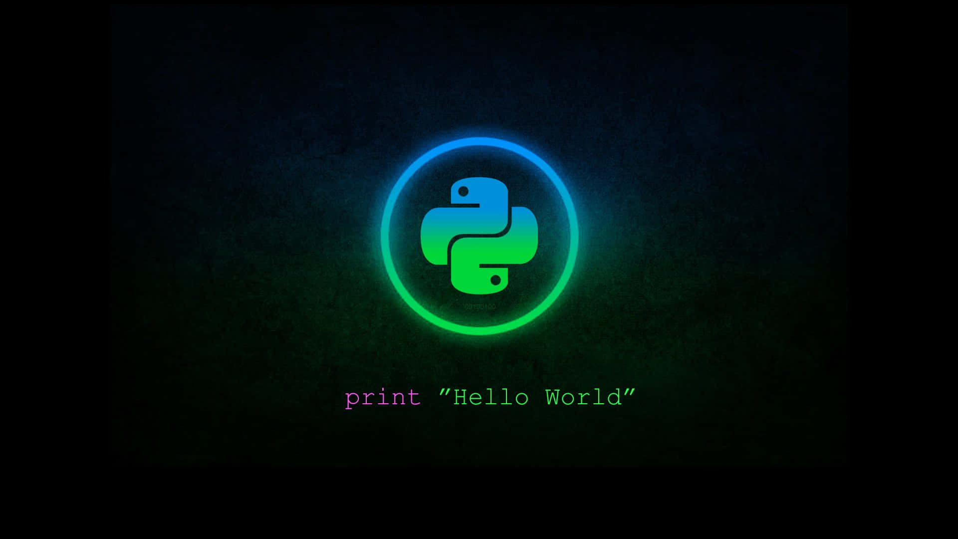 程式設計 桌布 壁紙 — 在深色紋理背景上帶有「print Hello World」文字的發光Python標誌。