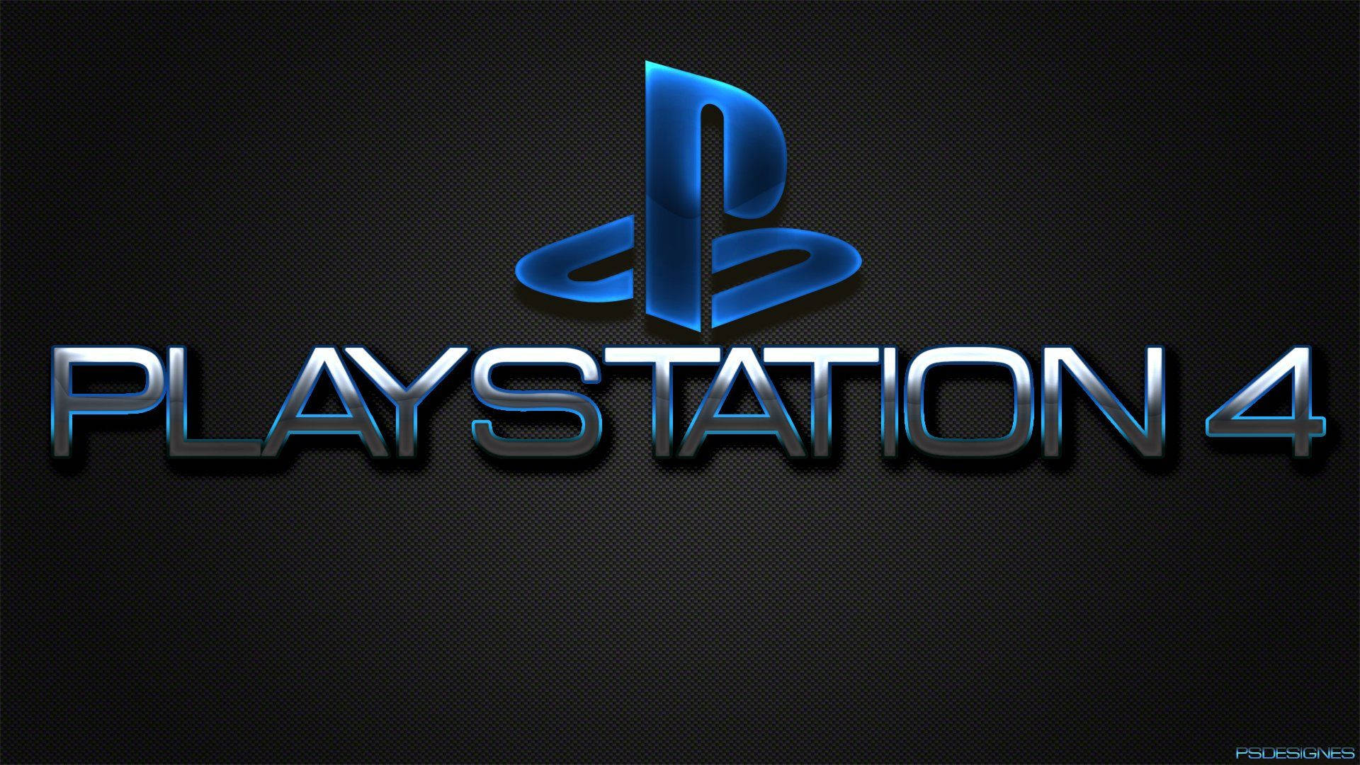 PlayStation 桌布 壁紙 — 在深色紋理背景上帶有金屬質感文字的閃亮藍色 PlayStation 4 標誌。