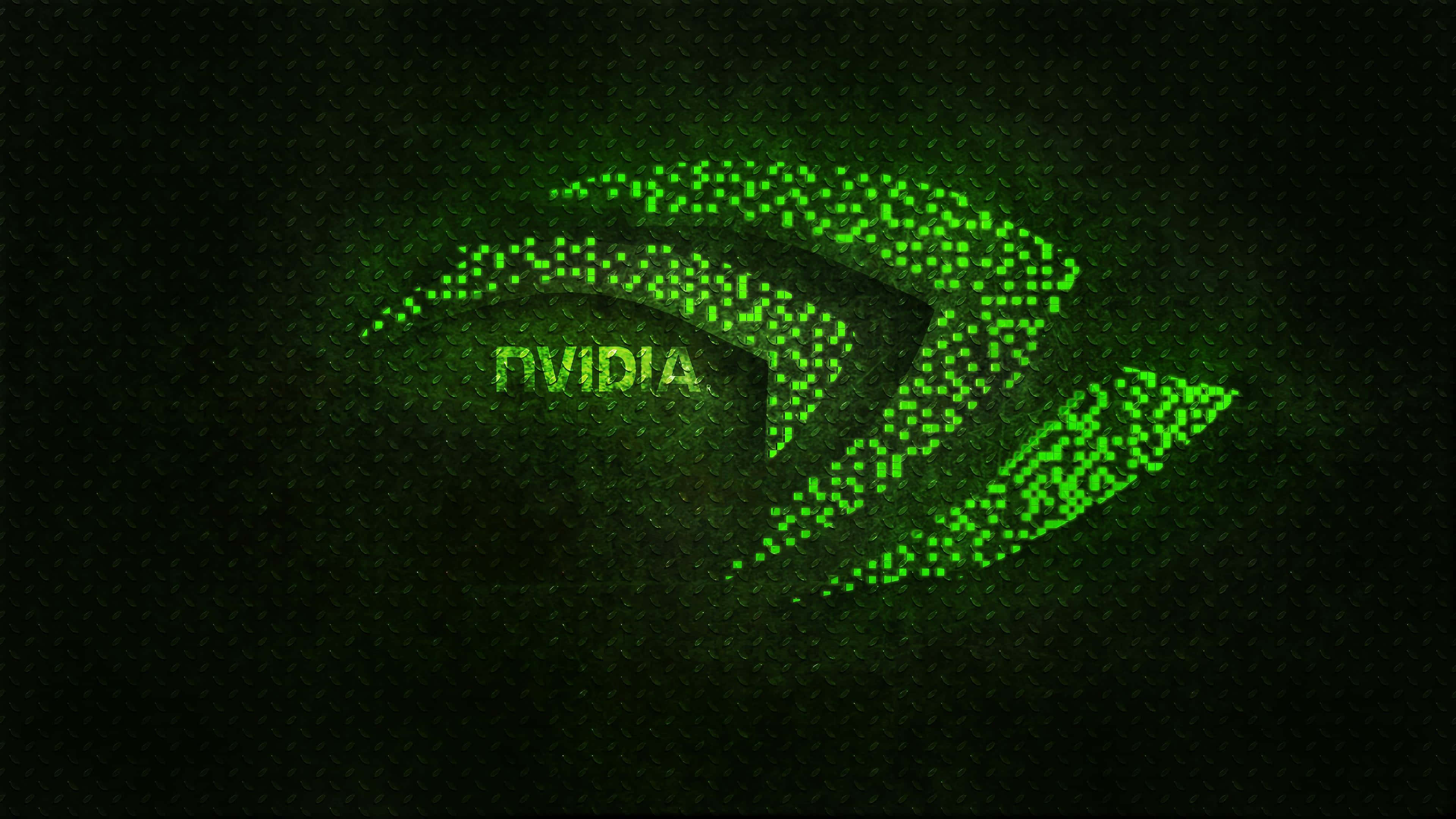 nvidia 桌布 壁紙 — 在深色紋理背景上由像素化點組成的發光綠色NVIDIA標誌。