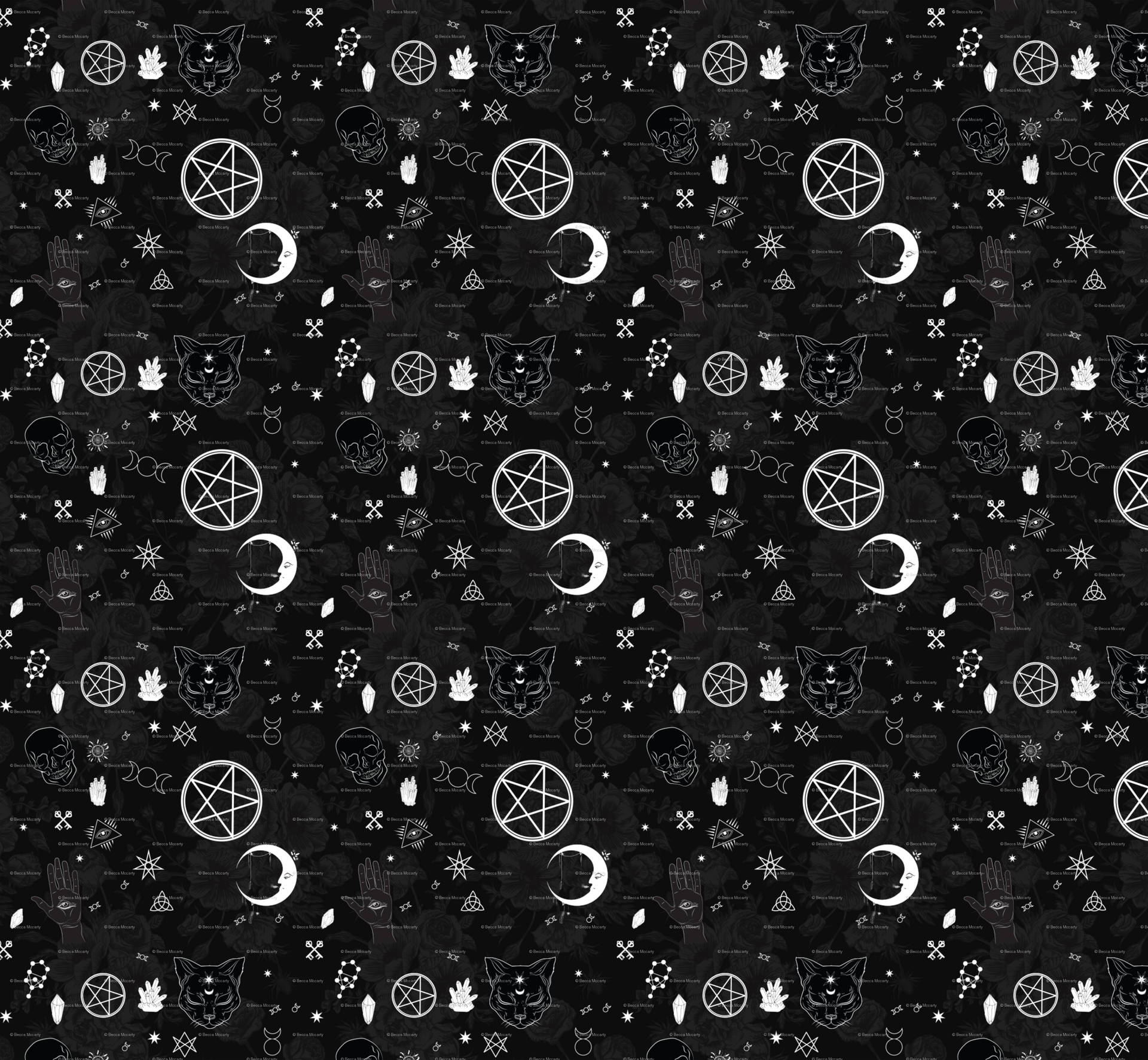 黑色背景上帶有五角星、頭骨和新月白色圖案的深色神秘圖案。 — 女巫美學動圖 壁紙