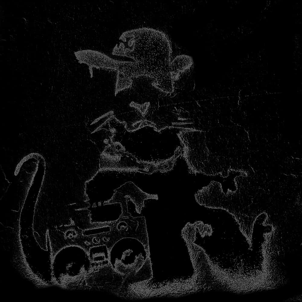 Graffiti Desktop 桌布 壁紙 — 在深色紋理表面上，一個帶著手提音響的卡通角色被動物包圍的粗糙粉筆畫。