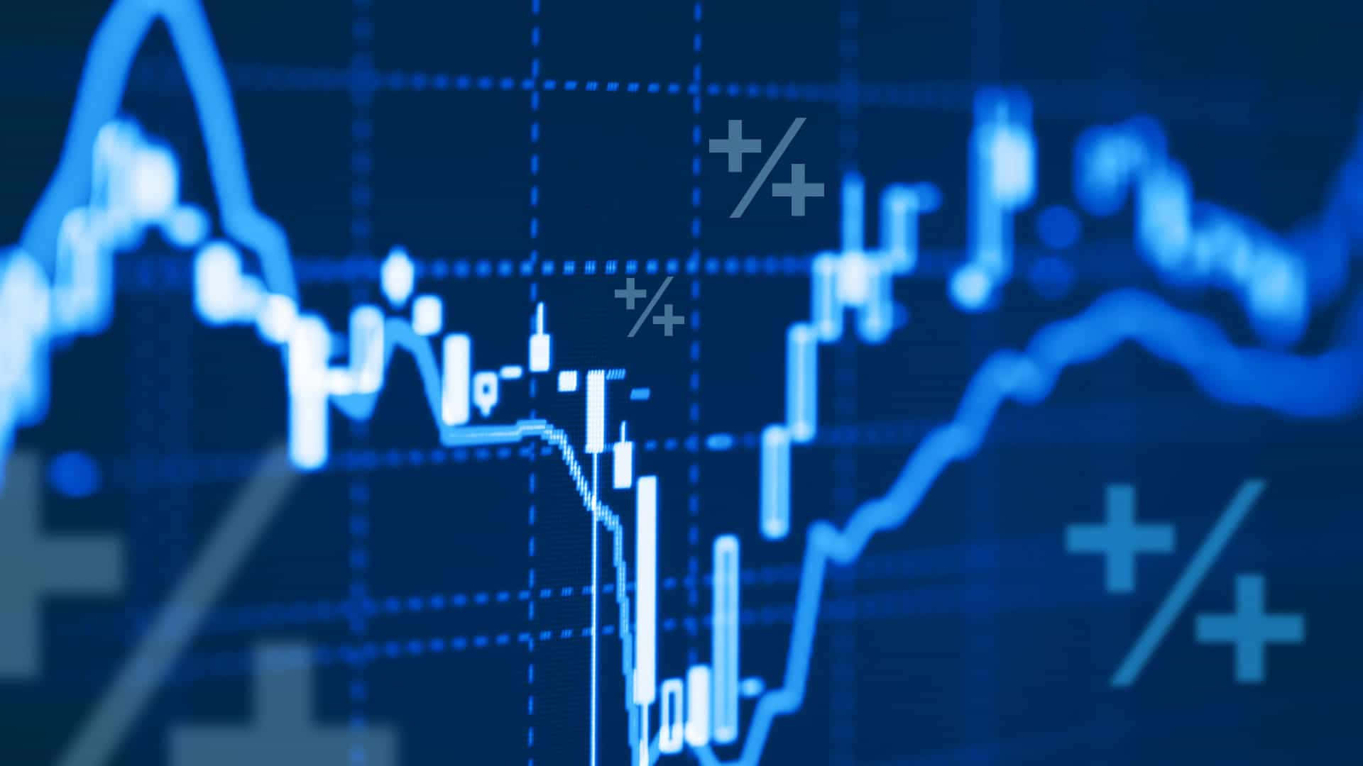 Trading 桌布 壁紙 — 在深色網格背景上，帶有燭台圖案和百分比符號的發光藍色金融圖表。