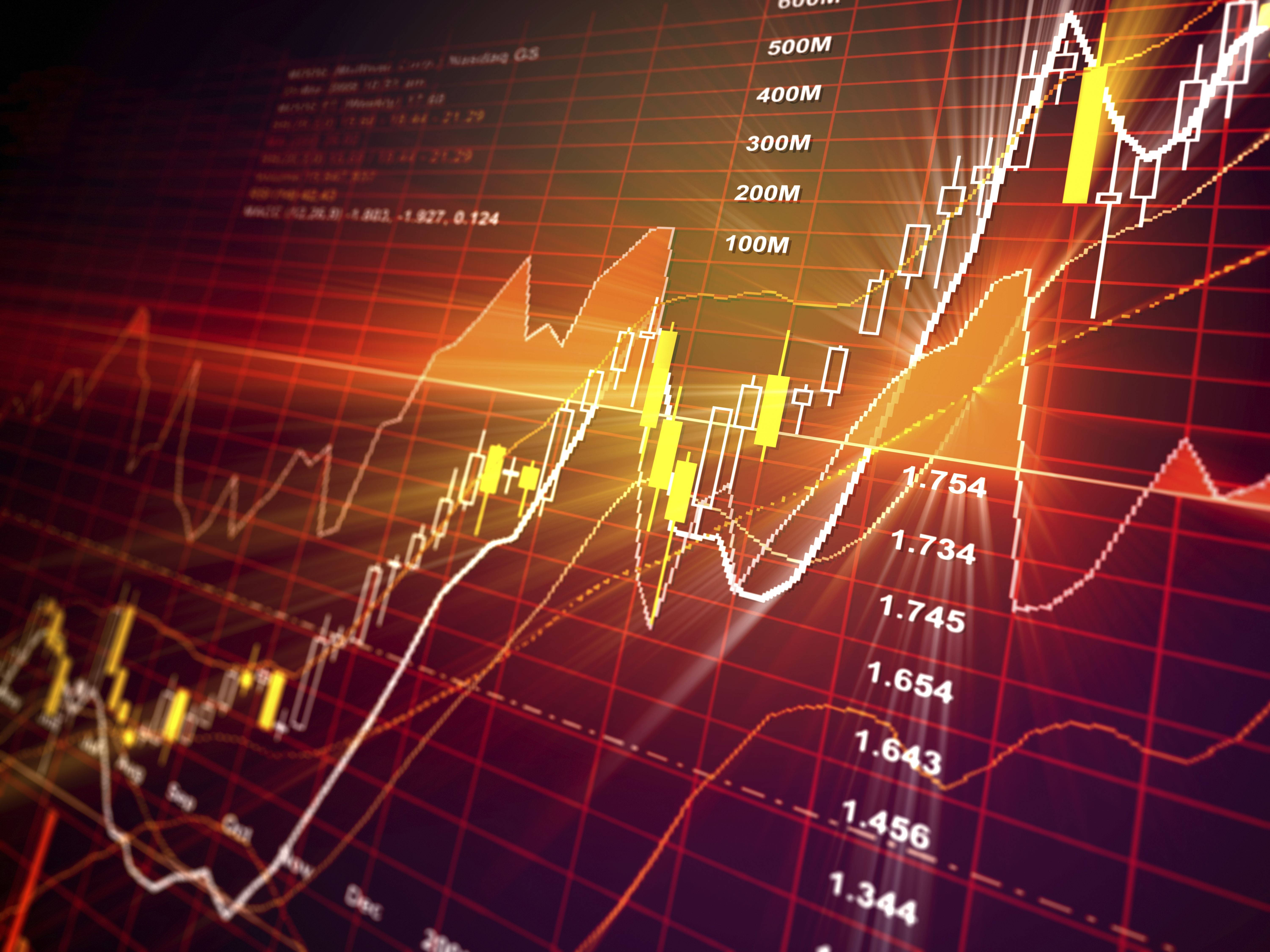 Market 桌布 壁紙 — 在深色網格背景上，帶有發光蠟燭圖和數值數據的動態金融圖表。