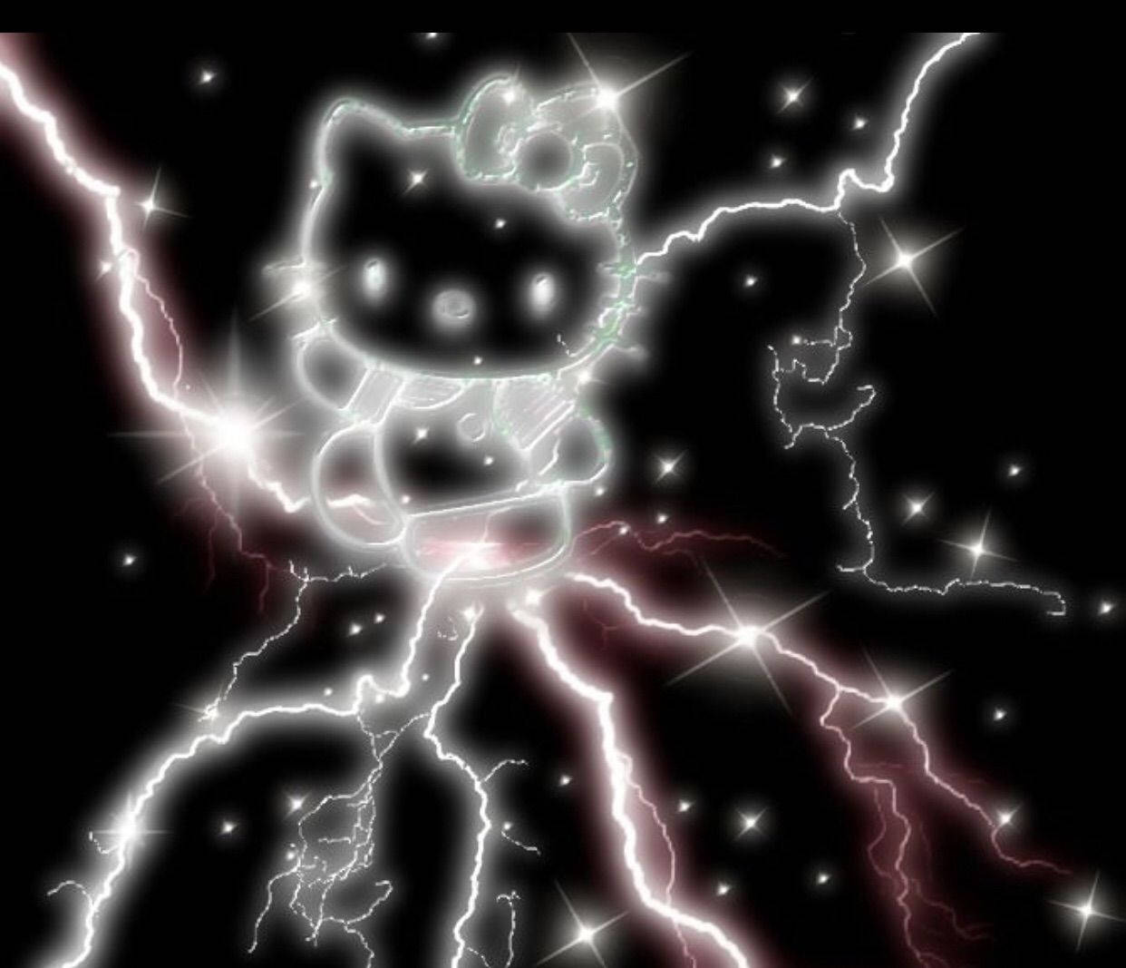 Hello 桌布 壁紙 — 在深色背景上，Hello Kitty 的發光黑色剪影被電閃雷鳴和閃爍星星環繞。