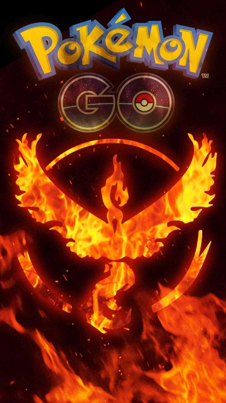 All Mega Pokemon 桌布 壁紙 — 在深色背景上，Pokemon GO 標誌下方的火焰中出現一個熾熱的噴火龍剪影。